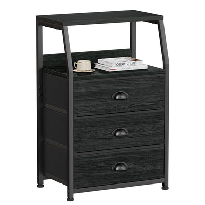 Furnulem Black Night Stand, Small Dresser for Bedroom, Nightstand with 3 Fabric Storage Drawers and 2-Tier Shelf, End Table Side Furniture for Closet, Hallway, Nursery, Sturdy Steel Frame, Wood Top
