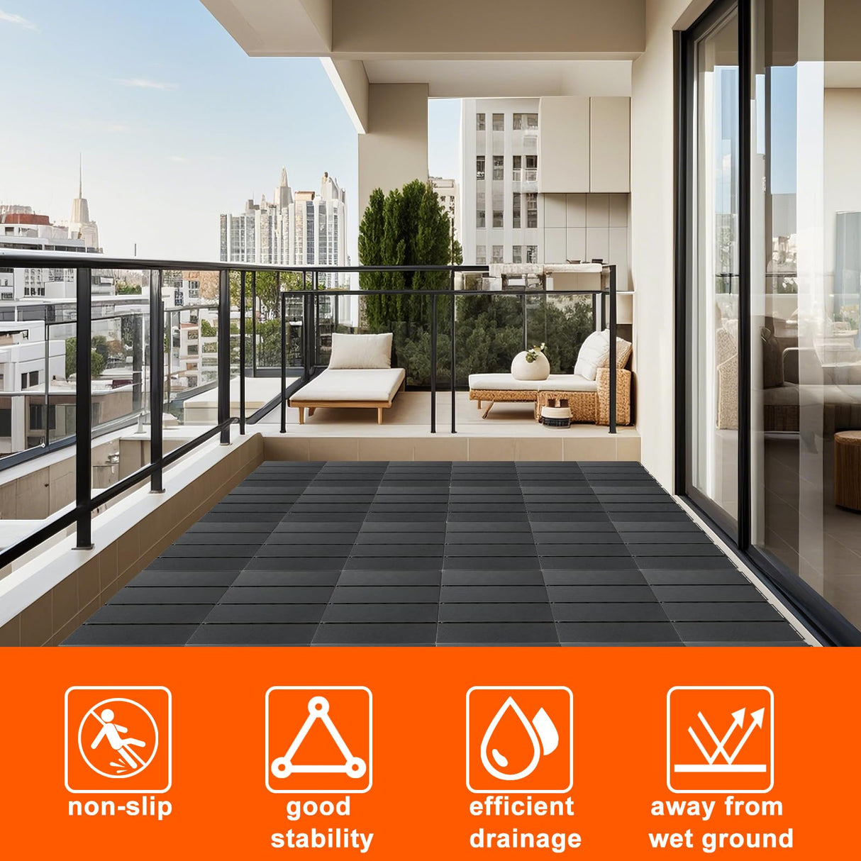 SHUESS 9 PCS Interlocking Deck Tiles 12”x 12” Patio Deck Tiles Plastic Waterproof Outdoor Flooring Covering for Walkway Front Porch Poolside Balcony Backyard, Black (All Weather Use) SHUESS