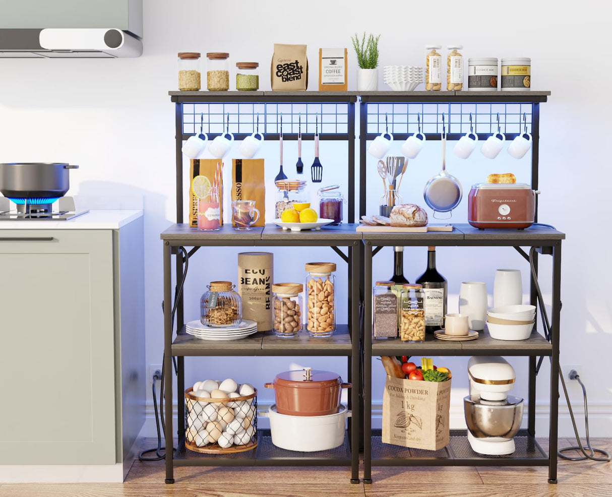 Furologee Bakers Rack with Power Outlet and LED Light, Small Coffee Bar Station with 4 Tier Shelves, Microwave Stand Table with 6 S Hooks, Kitchen Storage Rack for Spices, Pots, Black Oak Furologee