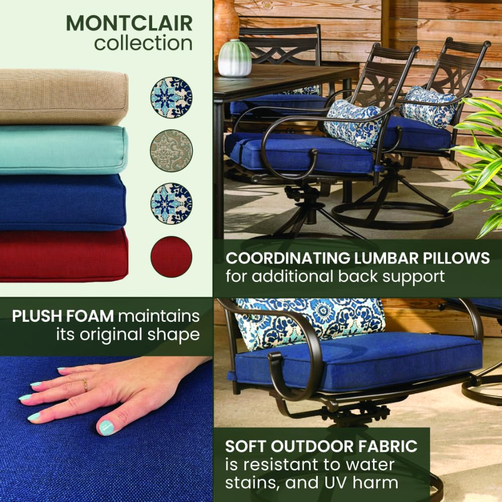 Hanover Montclair 7-Piece Outdoor Dining Set with 6 Swivel Rockers, Navy Blue Cushions and Stamped Steel Rectangular Dining Table, Patio Dining Set for 6, Premium All-Weather Patio Furniture for Deck Hanover