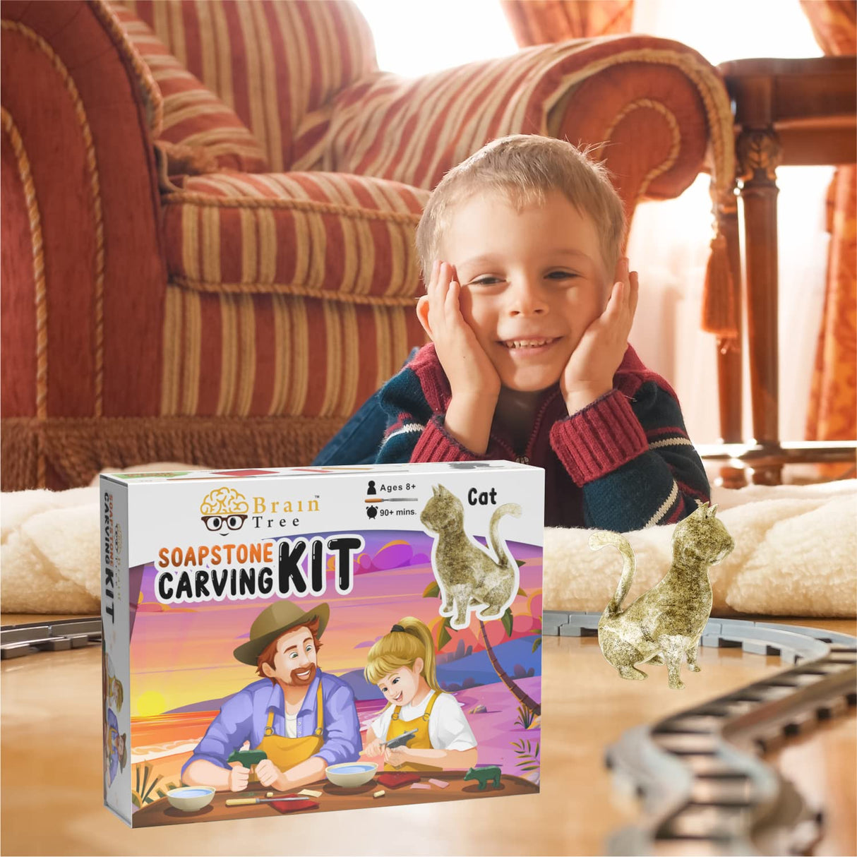 BRAIN TREE - Cat Soapstone Carving Kit, Carve Your Own Sculpture for Girls, Kids, Boys –Teen Gift -Fun DIY Arts and Crafts Activity for Kids and Adults - DIY Crafts Kit, Soapstone Sculpting Kits BRAIN TREE