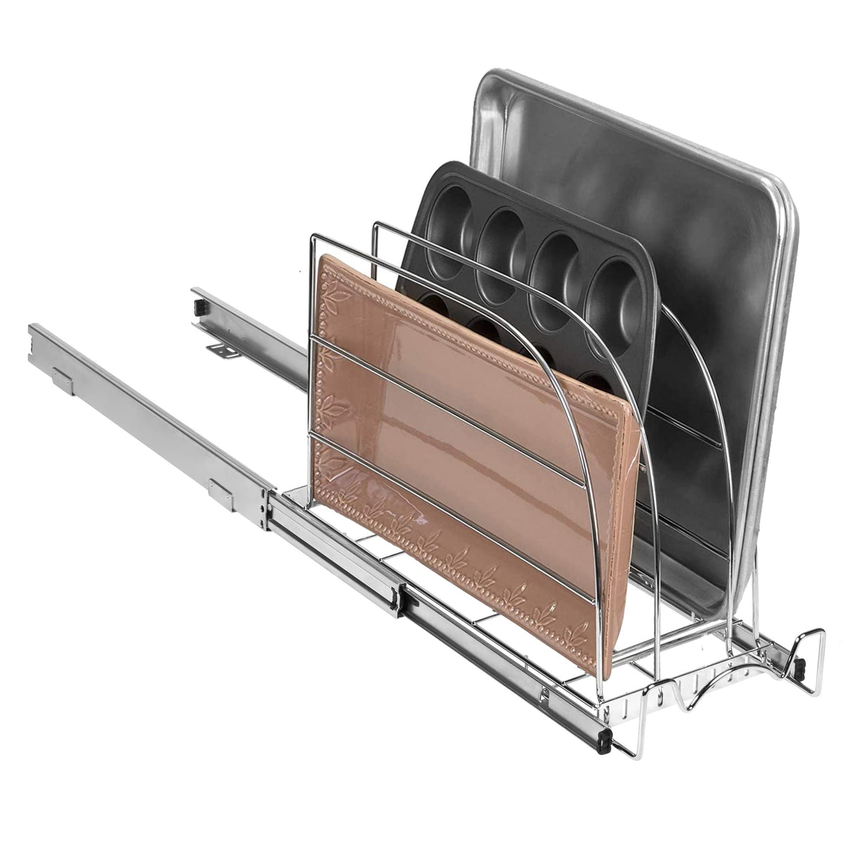 HOLDN’ STORAGE Pull Out Organizer for Cookie Sheet, Cutting Board, Bakeware, and Tray, Sliding Rack- Heavy Duty - Lifetime Limited Warranty - for Under Sink/Under Cabinet, 8.5”W x 21”D x 11”H, Chrome HOLDN’ STORAGE