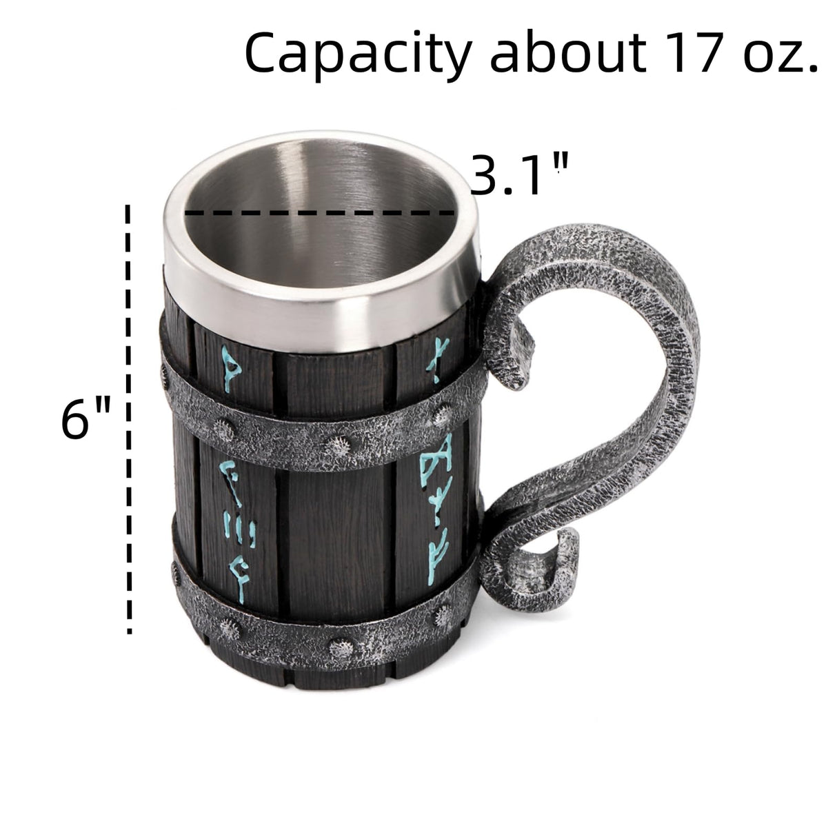 Dicunoy Wooden Viking Beer Mug, 17 OZ Stainless Steel Viking Barrel Tankard Beer Cup with Handle, Father's Day Gift Bucket Mug Norse Mythology Gift for Men, Him, Husband, Viking Enthusiasts Dicunoy