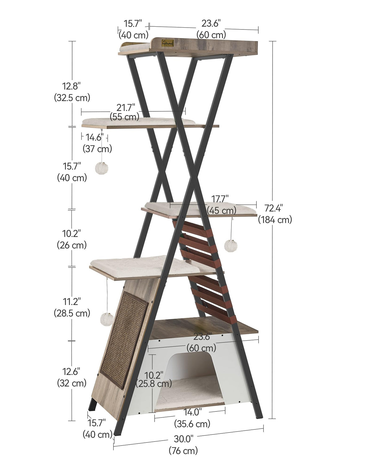 FourFurPets 72.4" Cat Tree, Modern Cat Tower for Indoor Cats, Multi-Level Cat Condo with Caves, Tall Cat Tree with Cat Scratching Board, Wooden Cat Tower with Large Perch, Removable Pads, Camel Brown FourFurPets