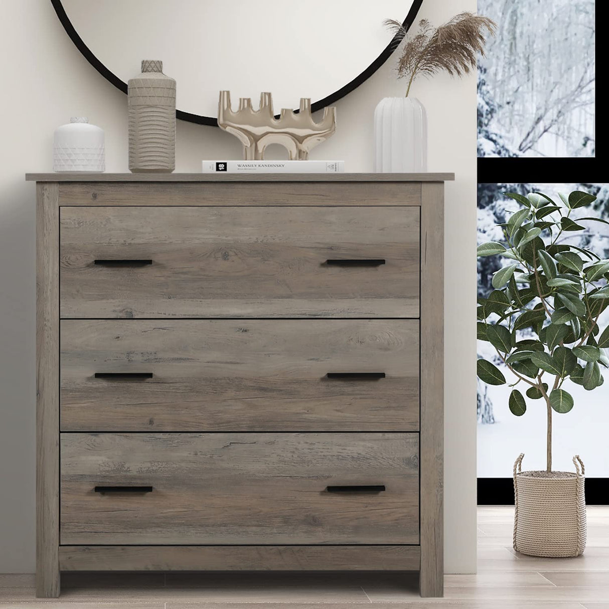 Vikiullf Wooden Chest of Drawer - 3 Drawer Dresser for Bedroom, Farmhouse Dresser, Storage Drawers for Bedroom, Nursery, Living Room, Hallway, Entryway Organizer, Grey Vikiullf