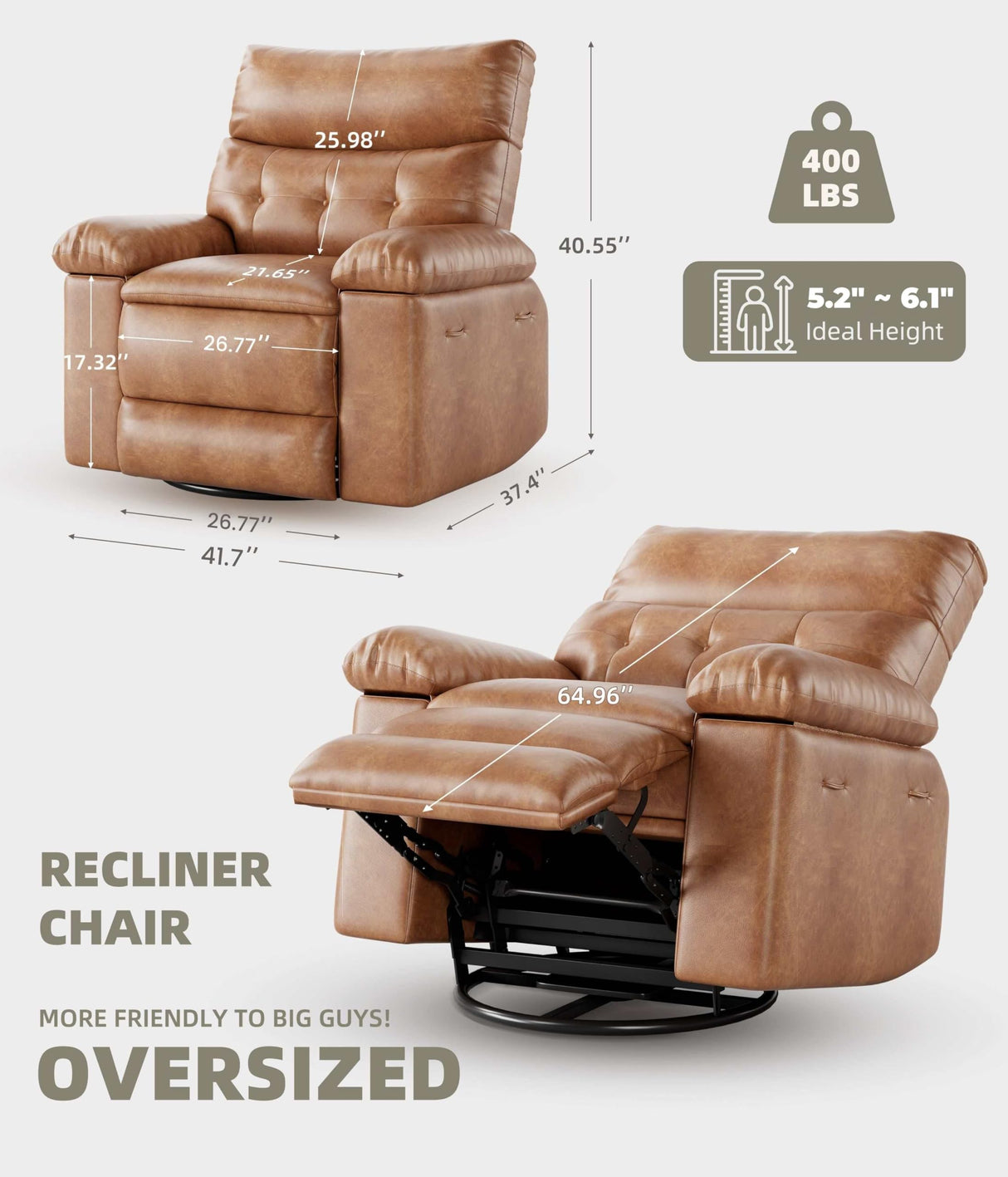 GarveeHome Oversized Wide Rocker Swivel Recliner Chair - Faux PU Leather Large Manual Recliner for Adults, Lazy Chair with 1.5X Sponge Comfort Arm and Back for Living Room, Bedroom GarveeHome