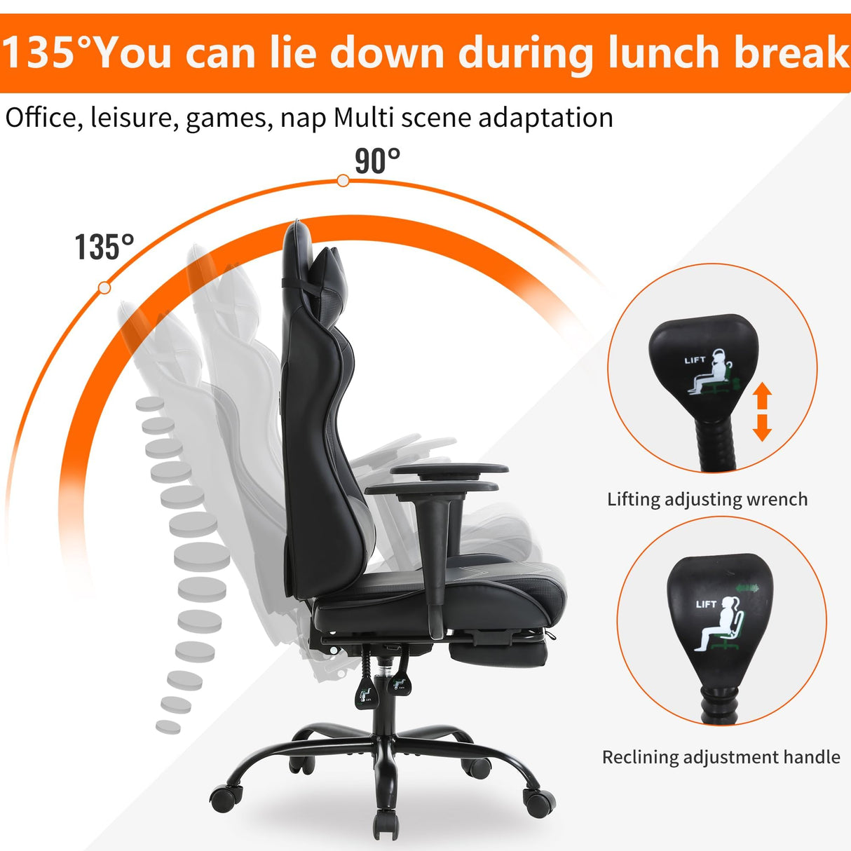 Gaming Chair, High Back PU Leather Gaming Chairs Computer Chair with Headrest & Lumbar Support, Height Adjustable Wide Seat Gamer Chair Gaming Chairs for Adults, Game Chair with Footrest & Armrest Haiput Wam