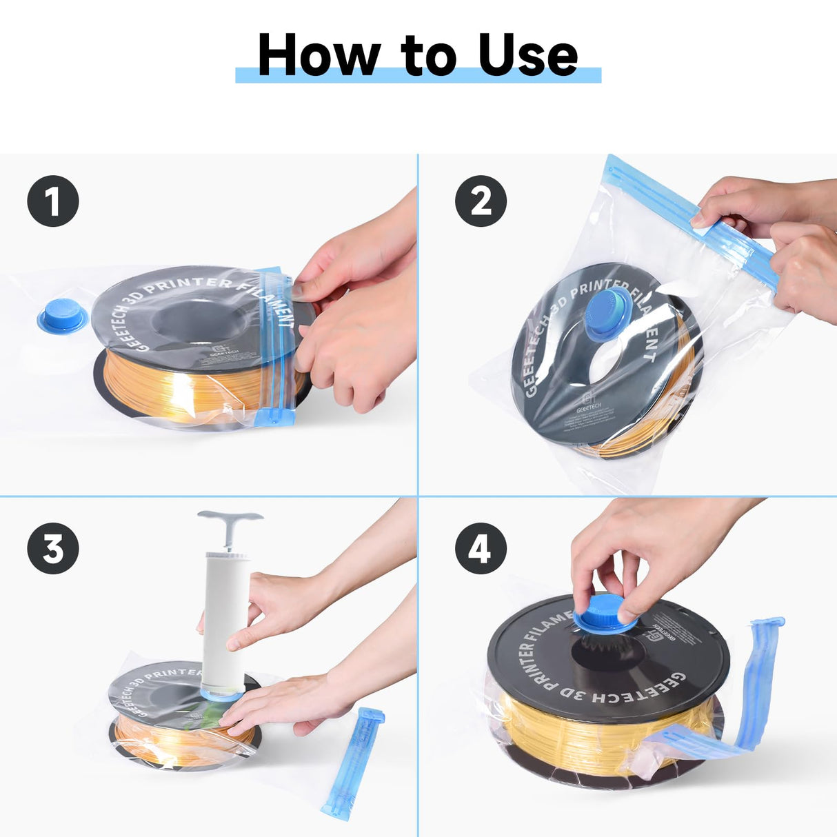 TEQStone Filament Storage Bags Vacuum Kit 4Pcs w/Pump, 15.5x15.5in Large Capacity, 0.4mm Thick, Moisture/Dust Proof, Fit Most 0.25/0.5/1/2KG 3D Printer Filament Spools TEQStone