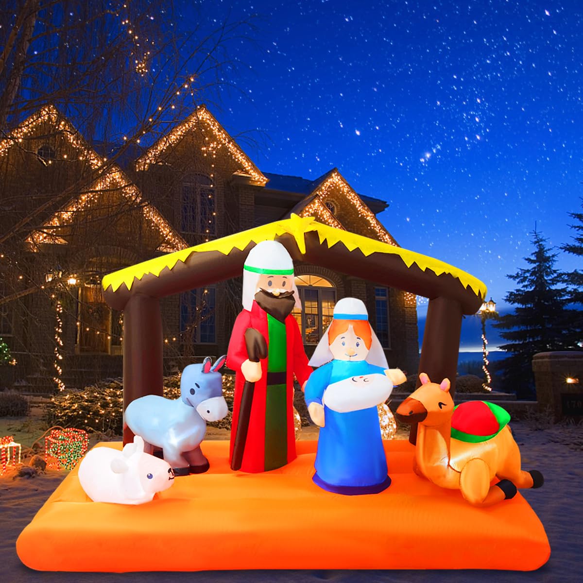8 FT Christmas Inflatable Nativity Scene with Baby Jesus, Parents, Donkey, Sheep, Star, Blow Up Birth of Jesus Manger Scene Set Indoor & Outdoor Decorations Garden, Lawn, Yard, Christmas Parties AIGNC