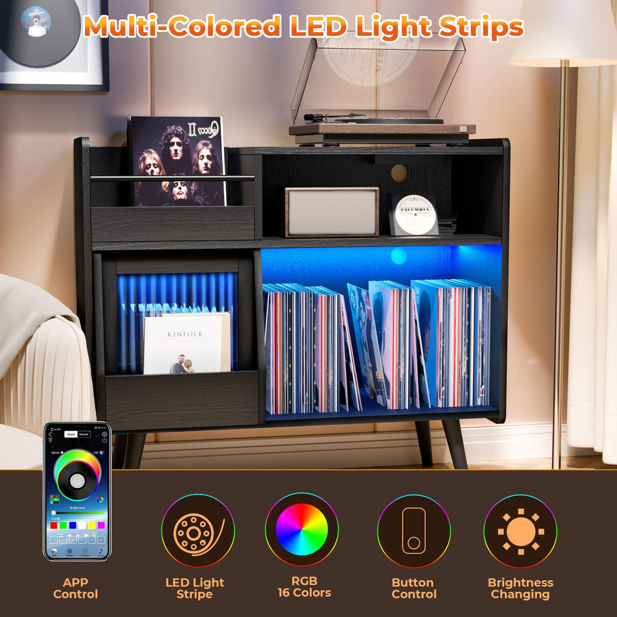 Large Record Player Stand with Sliding Door,350 Vinyl Record Storage Cabinet, Record Player Table with Power Outlet and LED Light,Turntable Stand with Wood Legs for Living Room,Bedroom,Office MULEJYBO