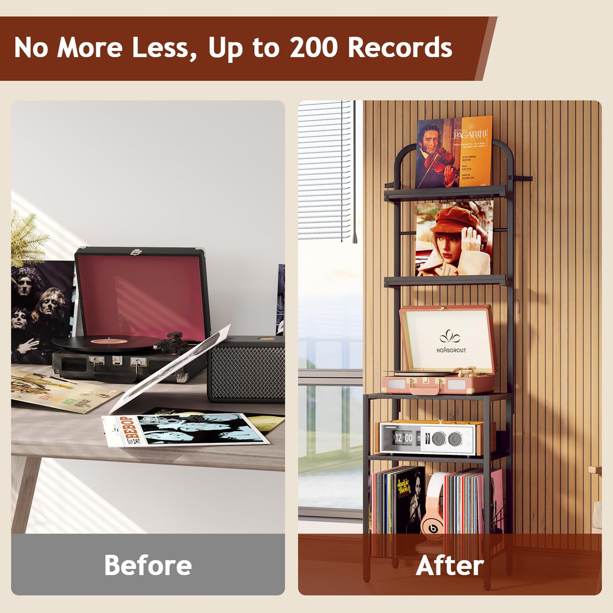 Homsorout Record Player Stand with Vinyl Storage - 5-Tier Turntable Table with Adjustable Feet, Metal & Wood Cabinet - Console Organizer Display Shelf for Living Room, Apartment Homsorout