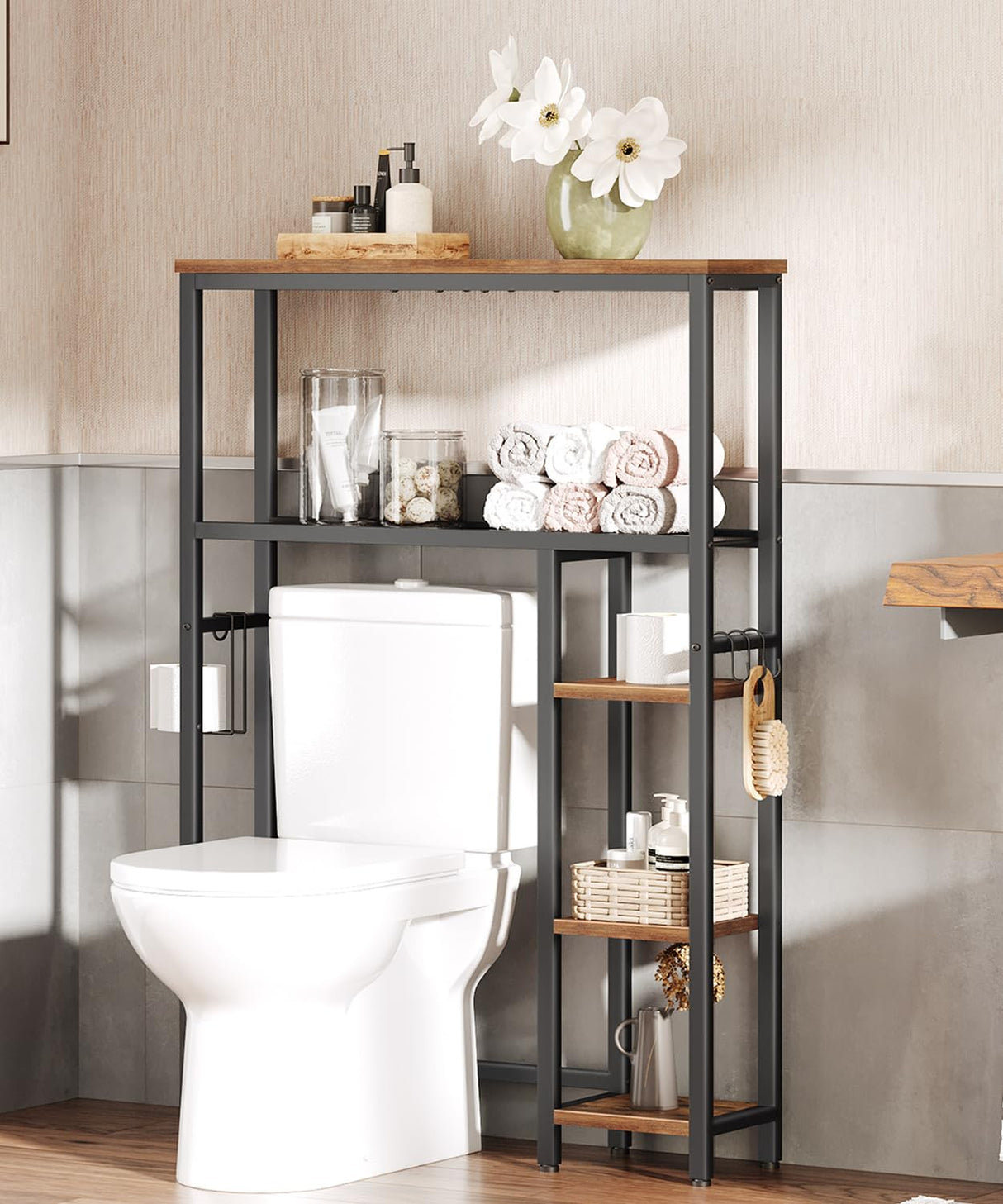 HOOBRO Over The Toilet Storage, 5-Tier Industrial Bathroom Organizer, Bathroom Space Saver with Toilet Paper Holder, Toilet Storage Rack, Small Spaces, Rustic Brown and Black BF84TS01 HOOBRO