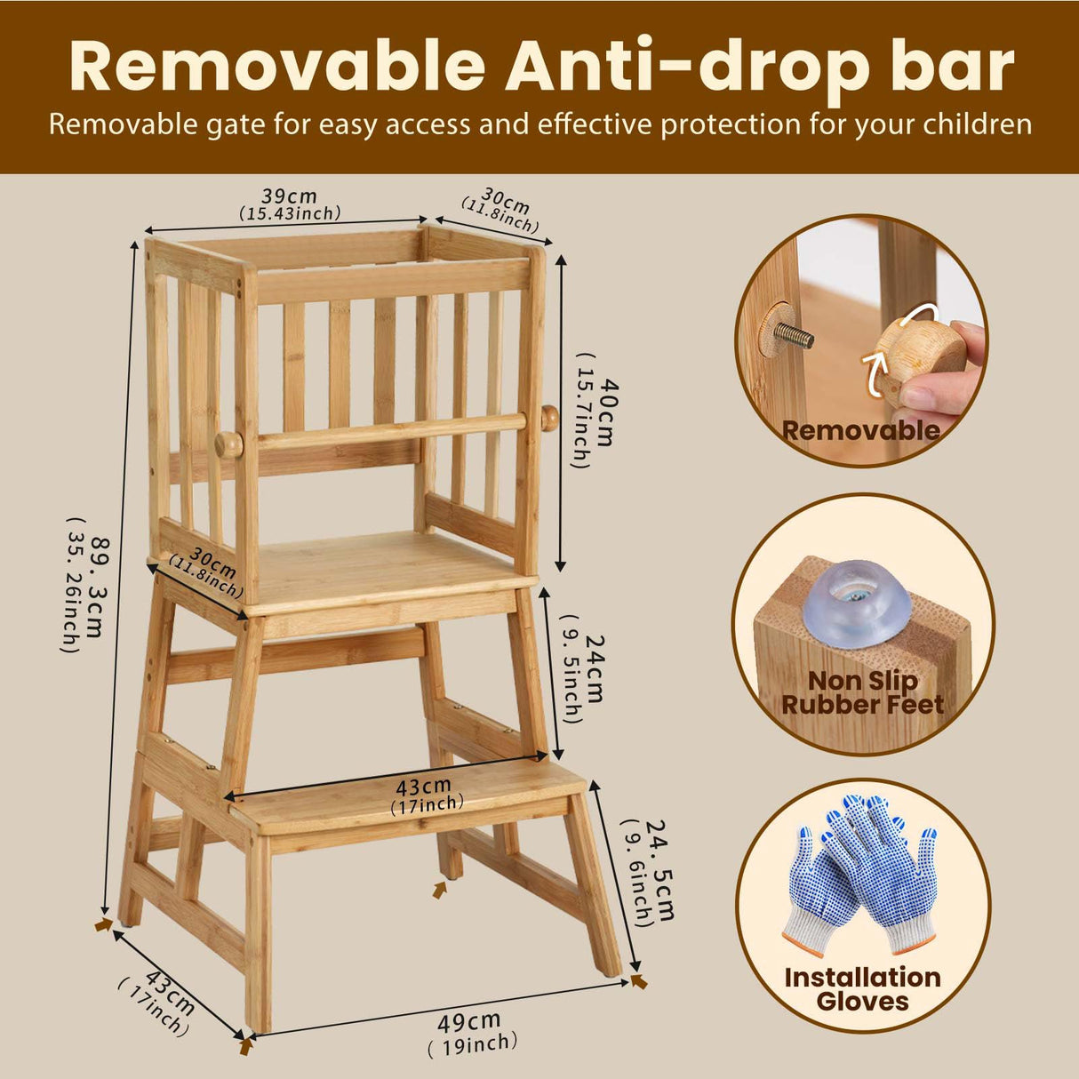 COSYLAND Kids Kitchen Step Stool,Toddler Standing Tower with CPC Certification, Removable Anti-Drop Railing Safety Rail Enjoys Unique Patented Design A Anti-tip Structure More Stable, Natural Bamboo COSYLAND