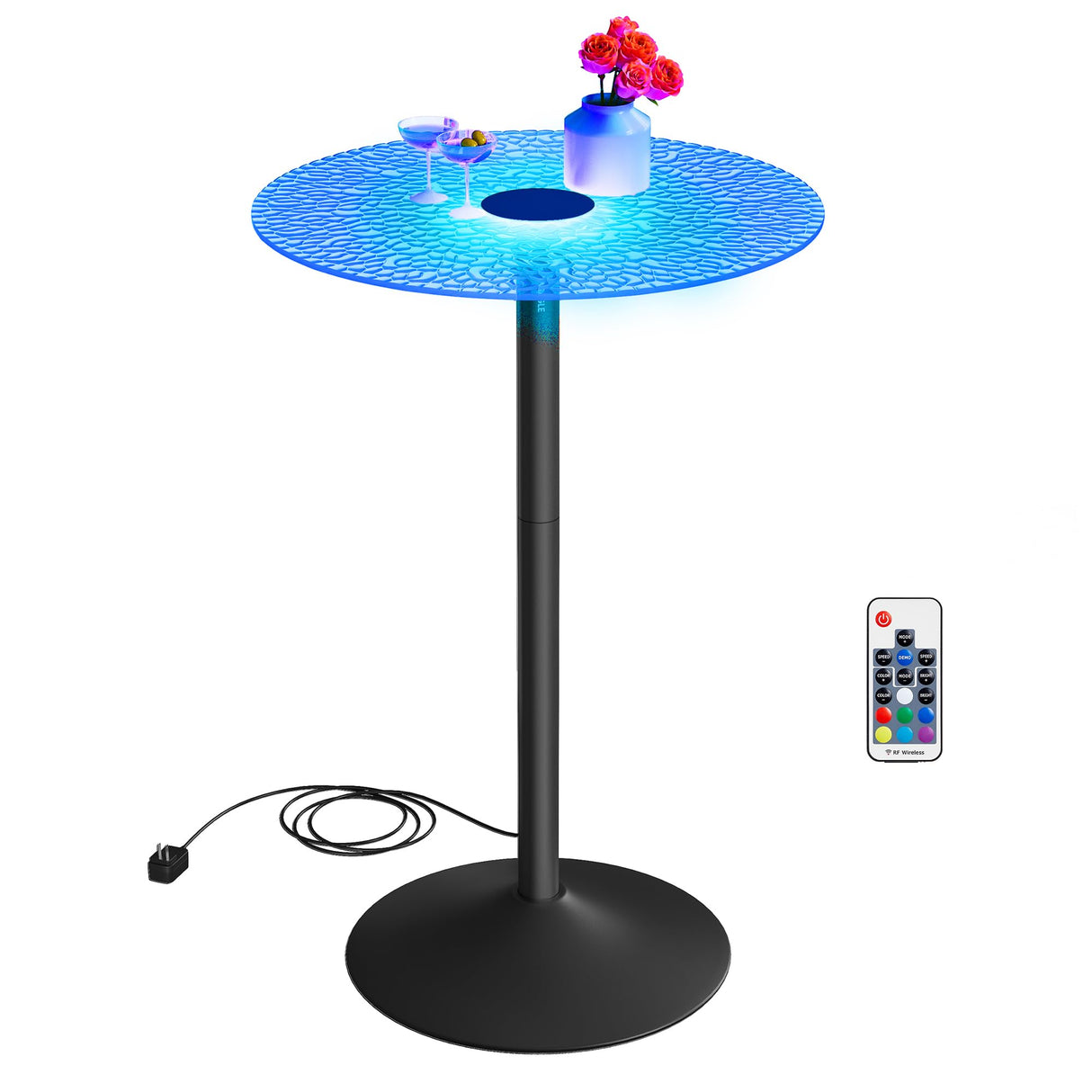 VASAGLE Bar Table, Round Cocktail Table with Multi-Colored Lights and Glass Top, Large Steel Base, 41.3 Inches Tall Pub Table for Kitchen, Bistro, Parties, Cloud White and Ink Black VASAGLE