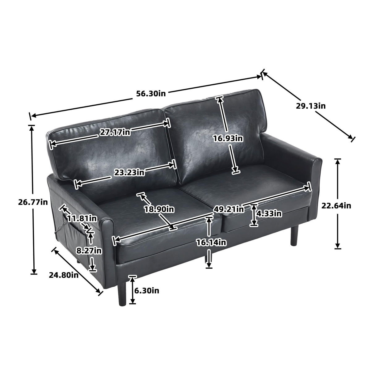 56.3" Loveseat Sofa, Mid Century Modern Love Seat with USB & Type C, 2 Seater Couch Comfy Cushion Lounge Sofa with Side Pockets, Small Couches for Living Room, Bedroom, Office(Black, PU Leather) SLEERWAY