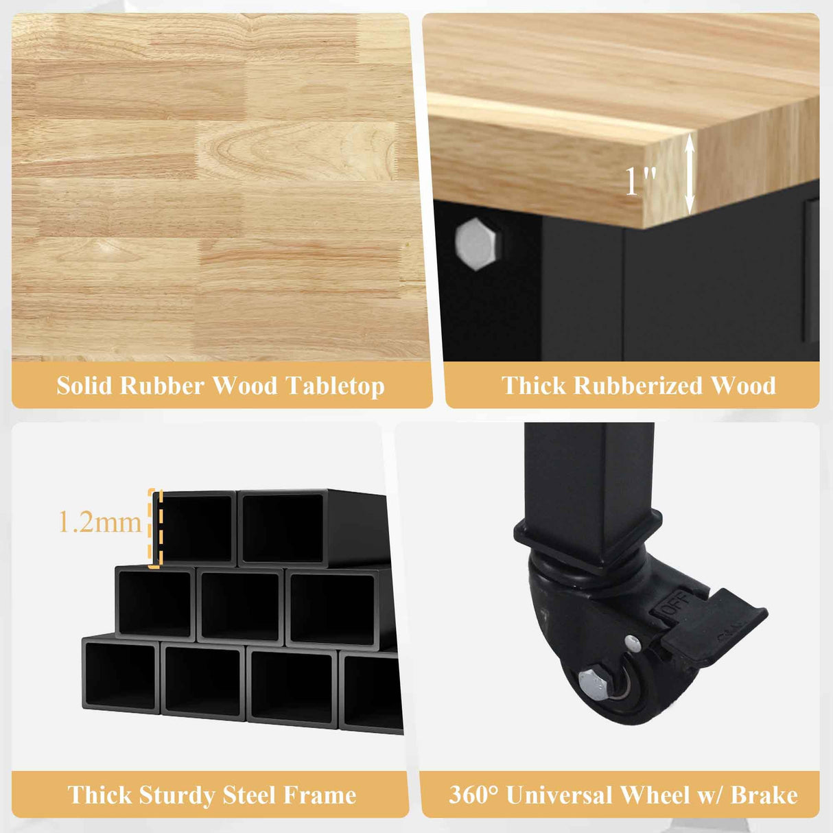 MISHAO 48" Adjustable Workbench for Garage, Rubber Wood Top Table Heavy-Duty Workstation w/Wheels, 2000 LBS Load Capacity Hardwood Worktable for Workshop, Office, Home MISHAO