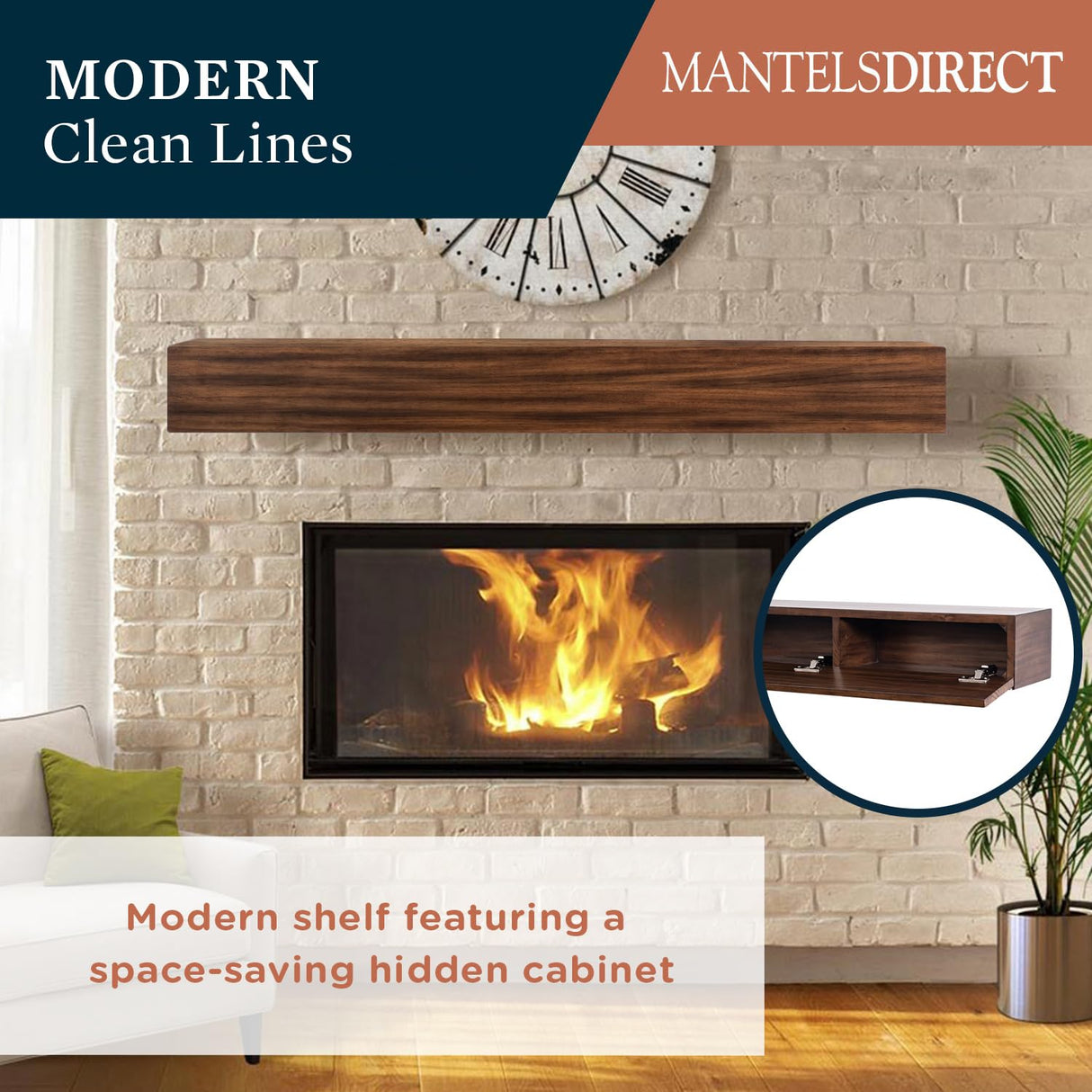 MANTELSDIRECT Houston Floating Wood Mantel Shelf with Hidden Storage Compartment - Mocha 60 Inch | Beautiful Wooden Rustic Shelf for TV Remotes, Controllers, and Décor MANTELSDIRECT