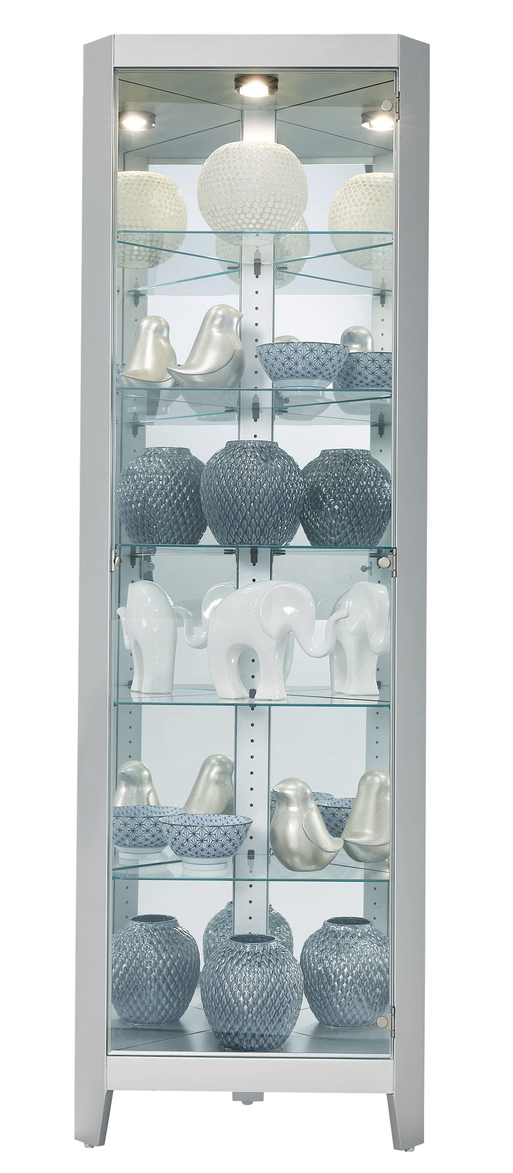 Howard Miller Tamsin II Corner Curio Cabinet – Modern Silver Glass Door Display with Adjustable Shelves Curio Cabinet for Collectibles No Reach Interior Light Best for Home Decor Howard Miller
