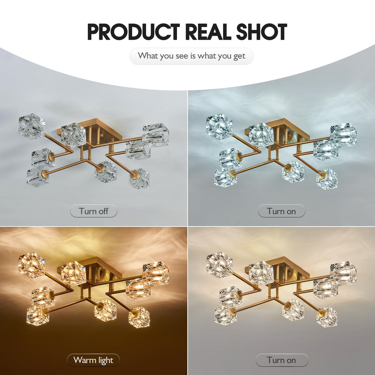 Qgiytp Vintage Gold Semi Flush Mount Ceiling Light 8-Light Glass Sputnik Chandeliers Mid Century Modern Crystal Ceiling Light Fixture for Living Room Dining Room Bedroom Kitchen Foyer Qgiytp