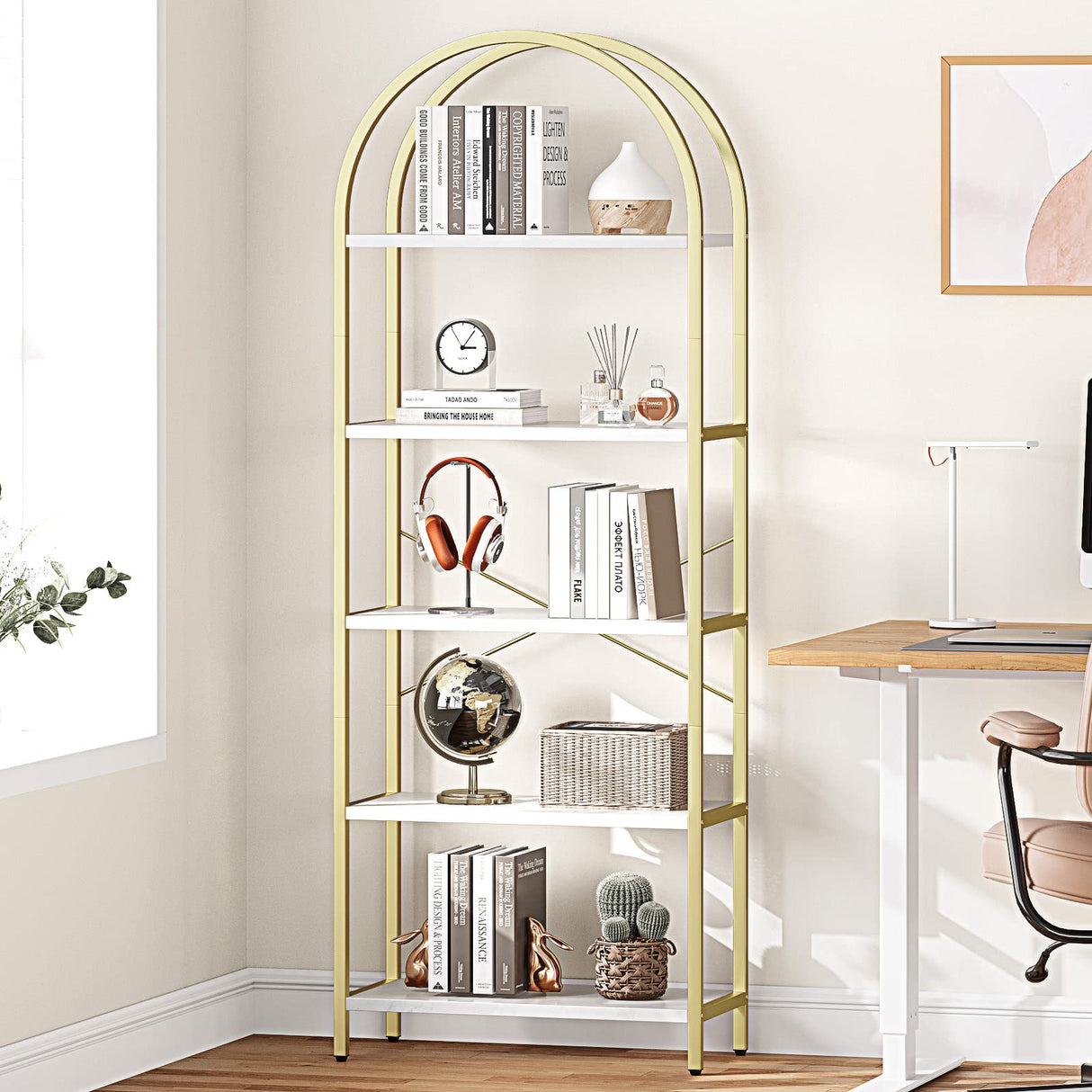IDEALHOUSE Bookshelf 5 Tier Bookcase Arched Display Racks Tall Standing Bookshelves Metal Frame Modern Storage Rack Shelf Large Wood Book Shelf for Bedroom, Living Room, Home Office, White/Gold IDEALHOUSE