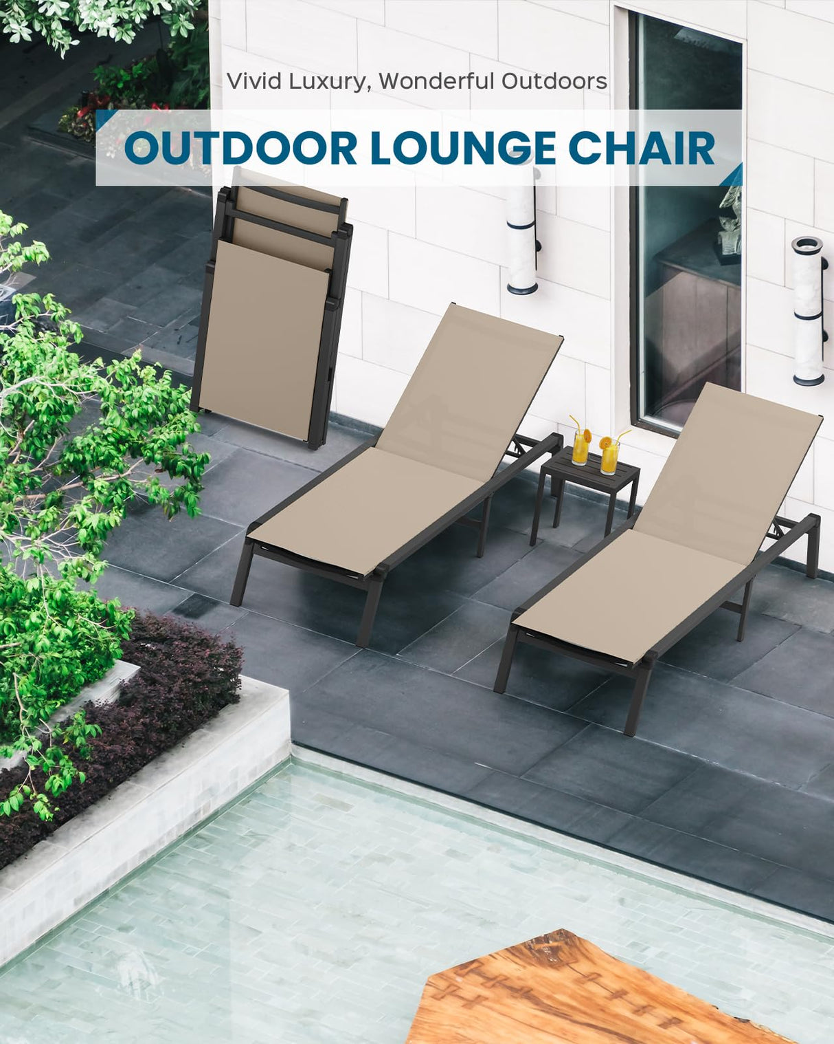 Vexwalx Chaise Lounge Outdoor, Foldable Aluminum Pool Lounge Chairs with 5 Positions Recliner - Free Assembly - Patio Chaise Lounge Chair for Poolside, Beach, Yard (Khaki) Vexwalx