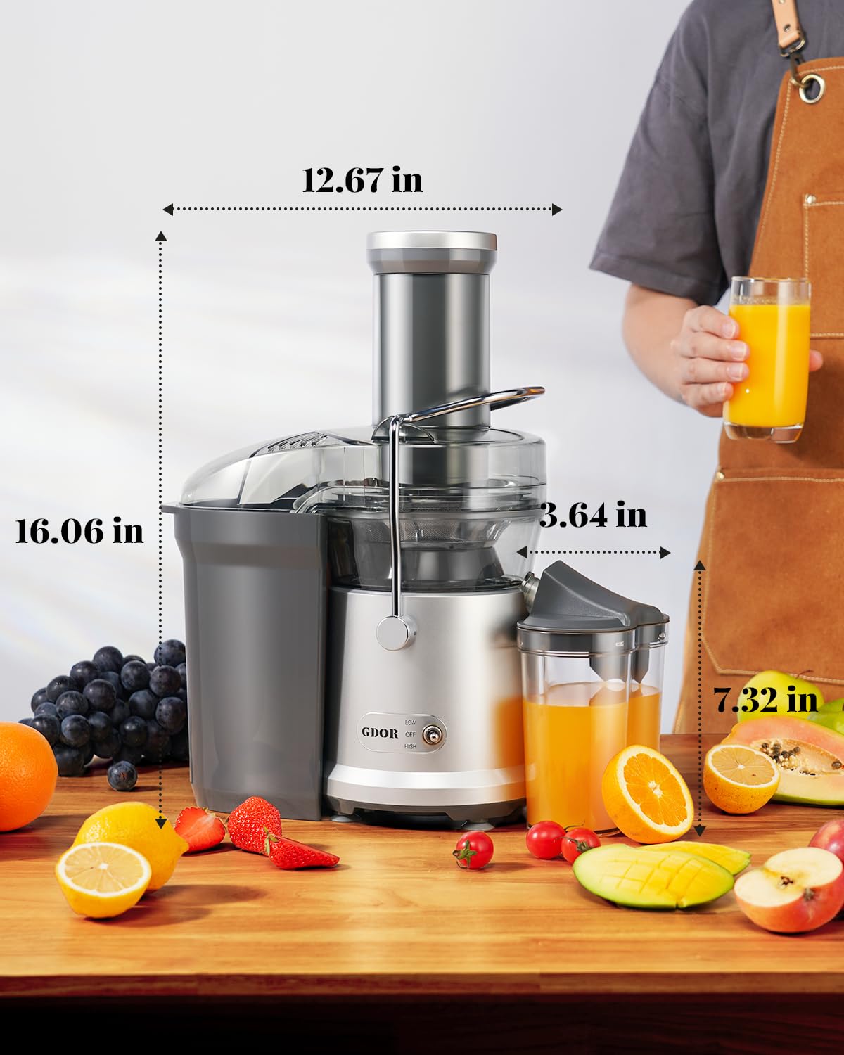 GDOR 1200W Juicer with Larger 3.2" Feed Chute, Titanium Enhanced Cutting System, Centrifugal Juice Extractor Maker with Heavy Duty Full Copper Motor, Dual Speeds, BPA-Free, Silver GDOR