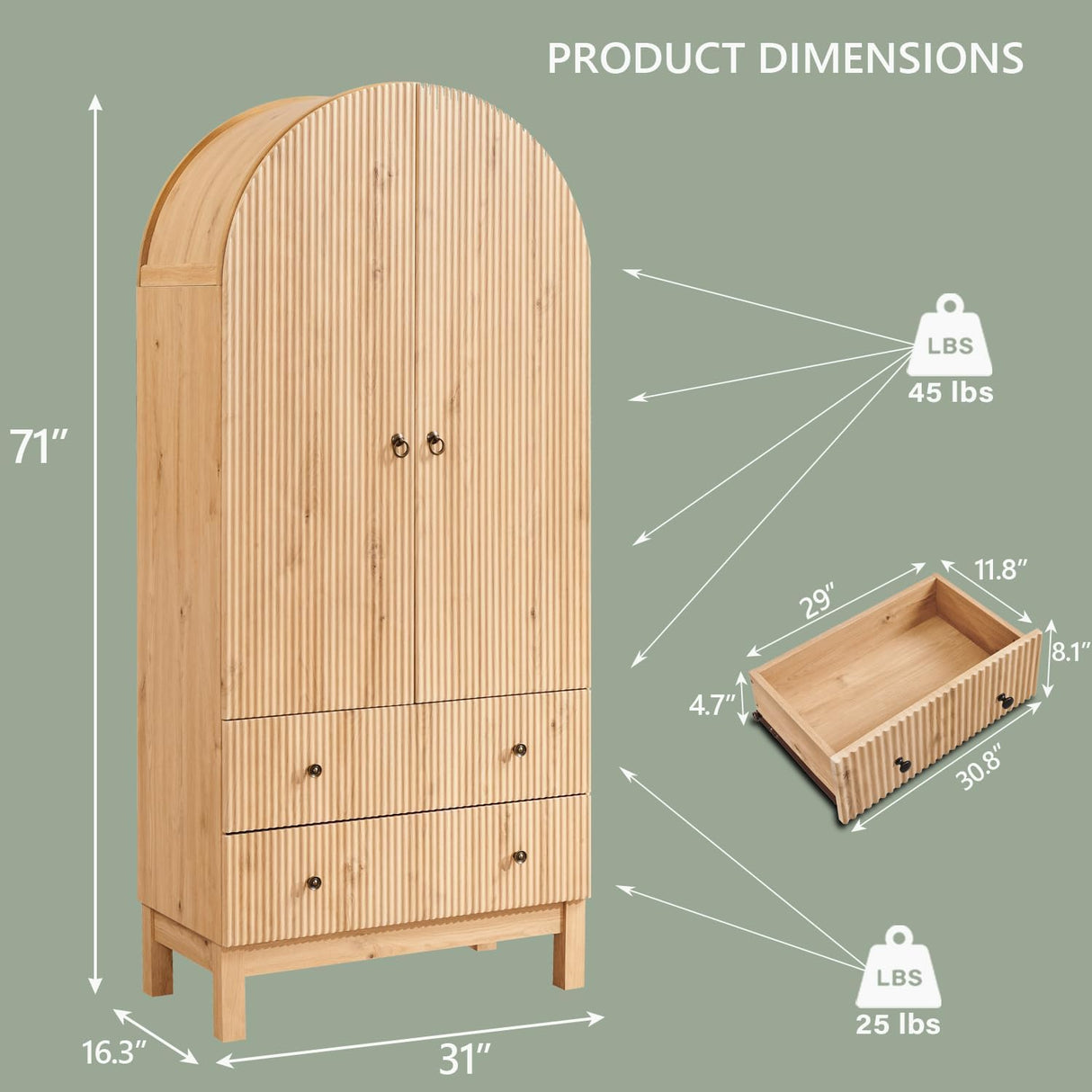 IFGET Fluted Arched Pantry Cabinet, 71" Tall Kitchen Storage Pantry Cabinet with Adjustable Shelves and 2 Large Drawers, Freestanding Morden Versatile Cupboard for Living Room, Bathroom, Natrual IFGET