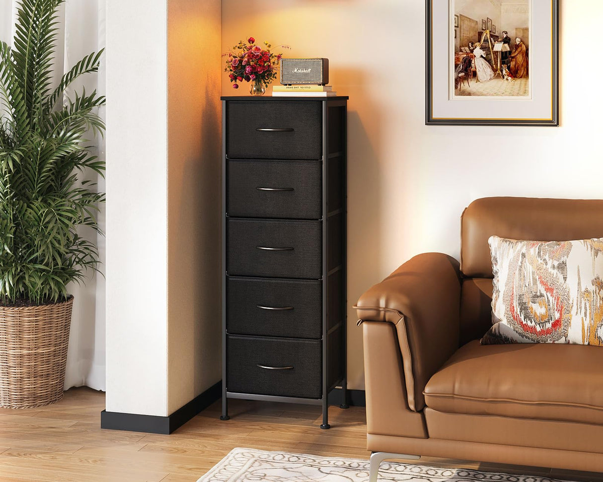 AODK Dresser for Bedroom with 5 Storage Drawers, 48" Tall Dresser Chest of Drawers Fabric Dressers with Sturdy Steel Frame, Black AODK