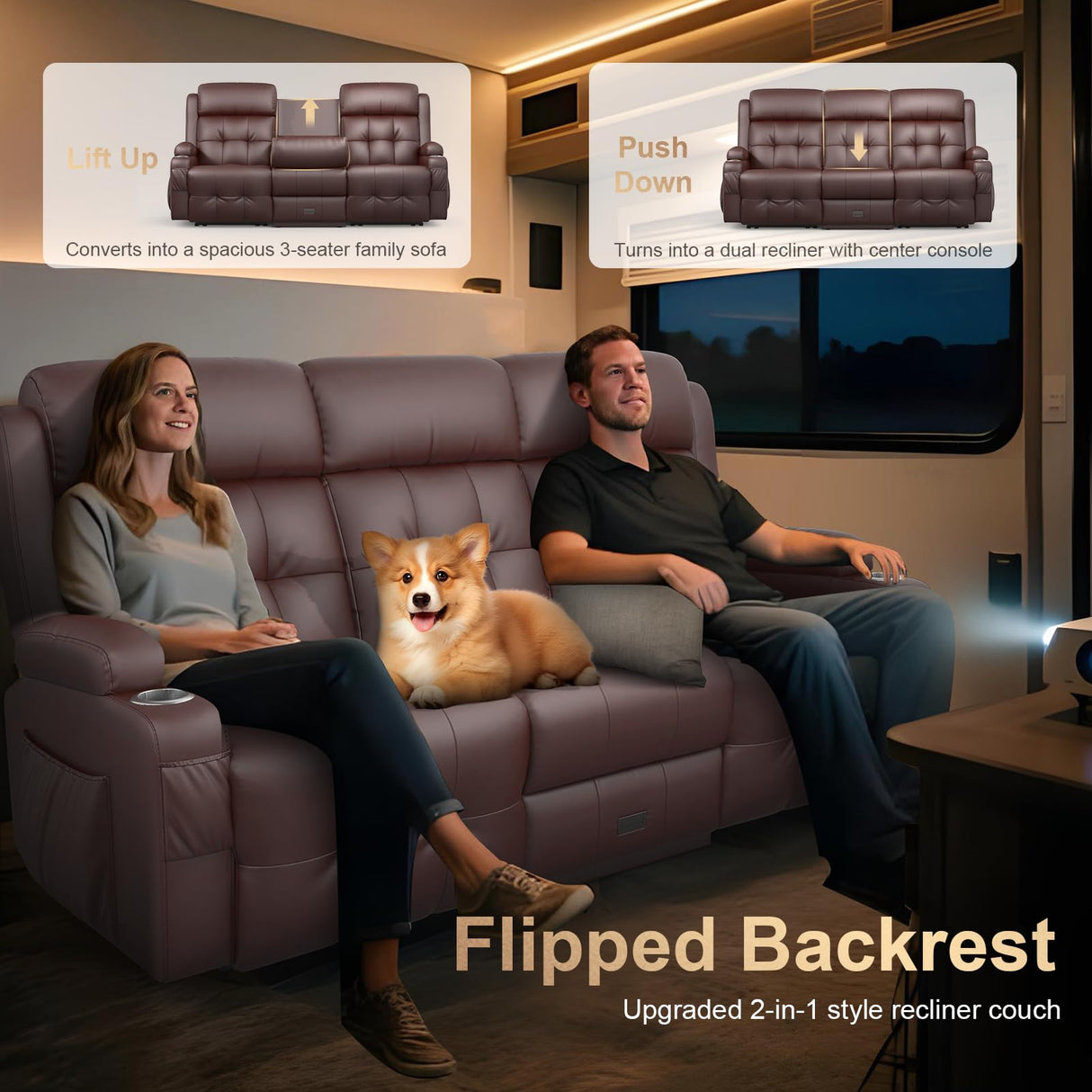 3-Seater Loveseat Recliner Sofa, Home Theater Seating Reclining Couch with Flip Middle Backrest, RV Wall Hugger Sleeper Sofa with Massage, Dawer & Cup Holders, 150° Recline for RV & Living Room TOMOSLTER