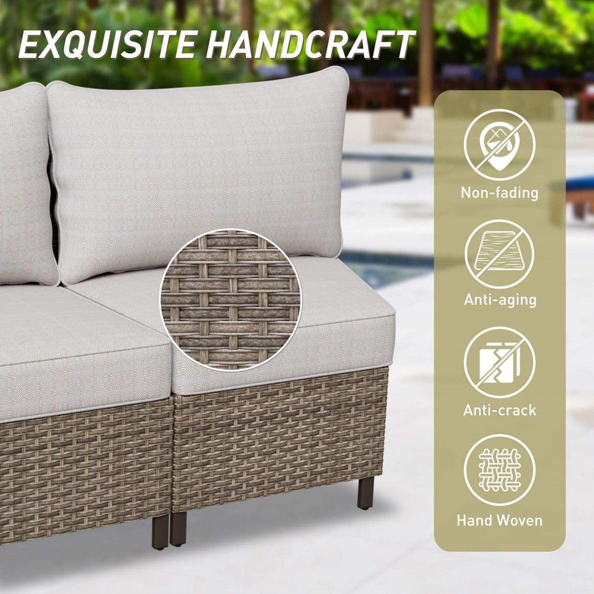 INTER HUT Vista Oasis Outdoor Sectional Sofa Set, 2 Seat Armless Sofa, Wicker Outdoor Furniture with Deep Seating Cushion, Beige/Beige INTER HUT