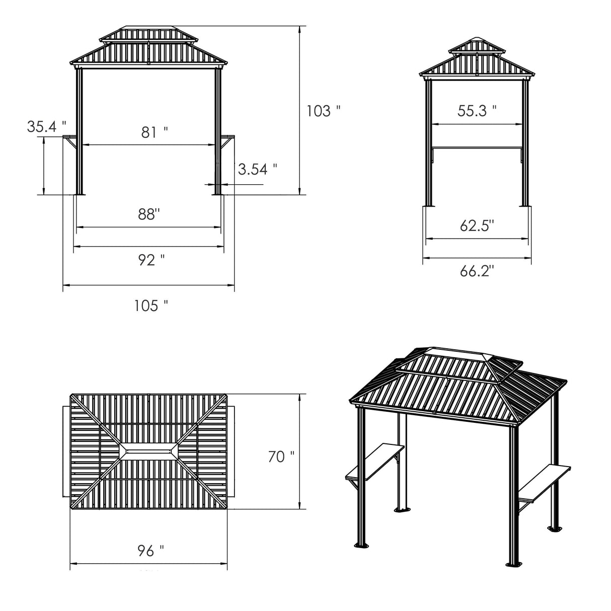 Kozyard 6’ x 8’ BBQ Hardtop Grill Gazebo, Outdoor Barbecue Gazebo with Double Galvanized Metal Roof, Aluminum BBQ Gazebo with 2 Side Shelves for Outdoor Grilling Station (Gray/Hardtop) Kozyard