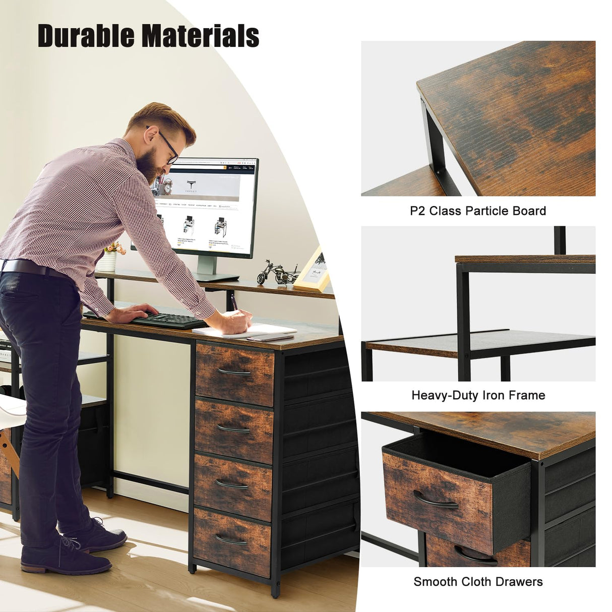 TOPSKY Compact Computer Desk with Storage Shelf/Cloth File Drawer for Letter Size/Monitor Stand Study Table for Home Office (Rustic Brown, 62.4 inch) TOPSKY