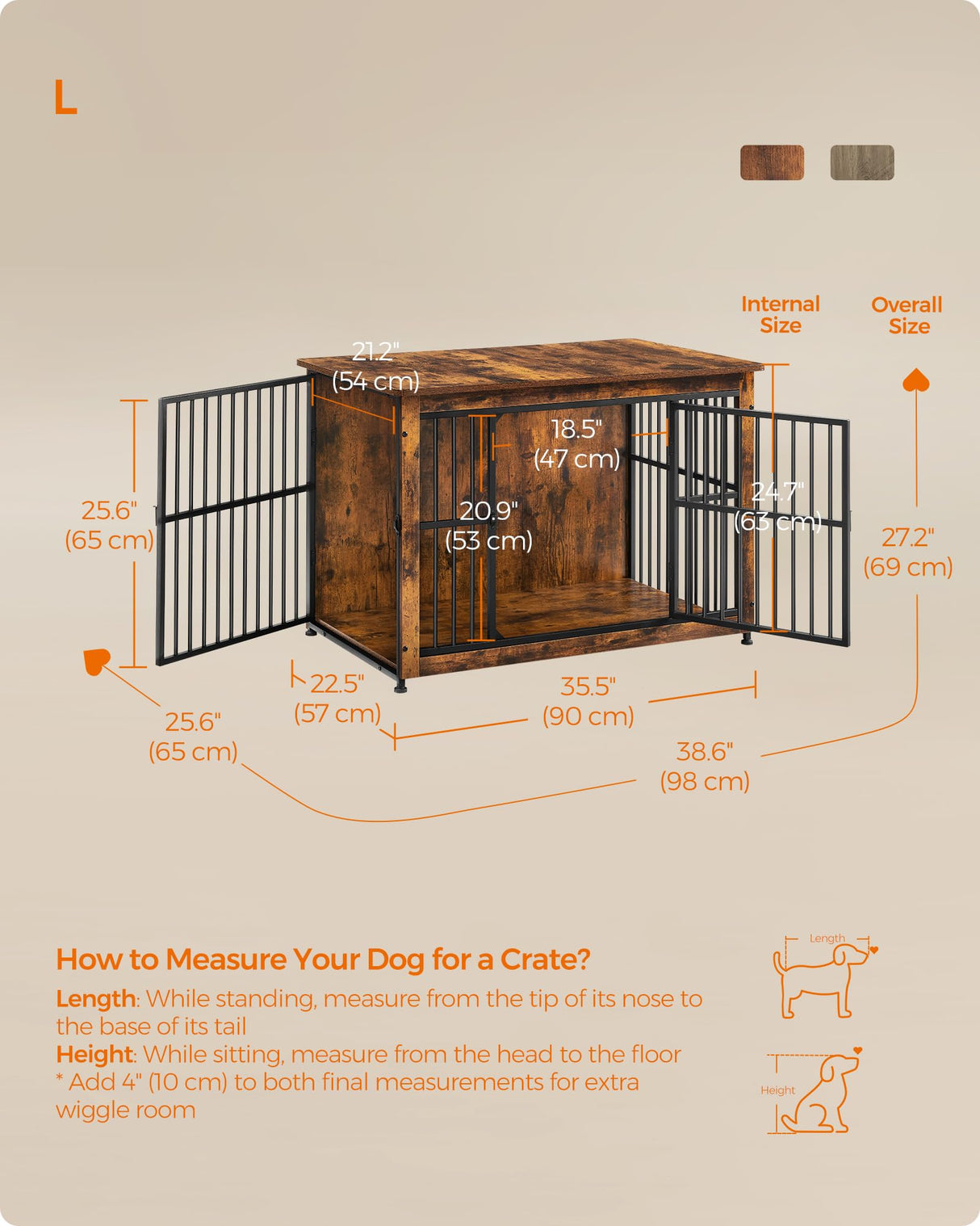 Feandrea Dog Crate Furniture, Side End Table, Modern Kennel for Dogs Indoor up to 70 lb, Heavy-Duty Dog Cage with Enclosed Base, Double-Door Dog House, Rustic Brown UPFC023X01 Feandrea