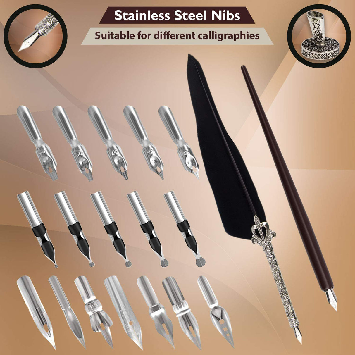 Trustela Calligraphy Set for Beginners, Wooden Dip Pen, Feather Quill, 19 Nibs, Ink Set, Gift Box Trustela