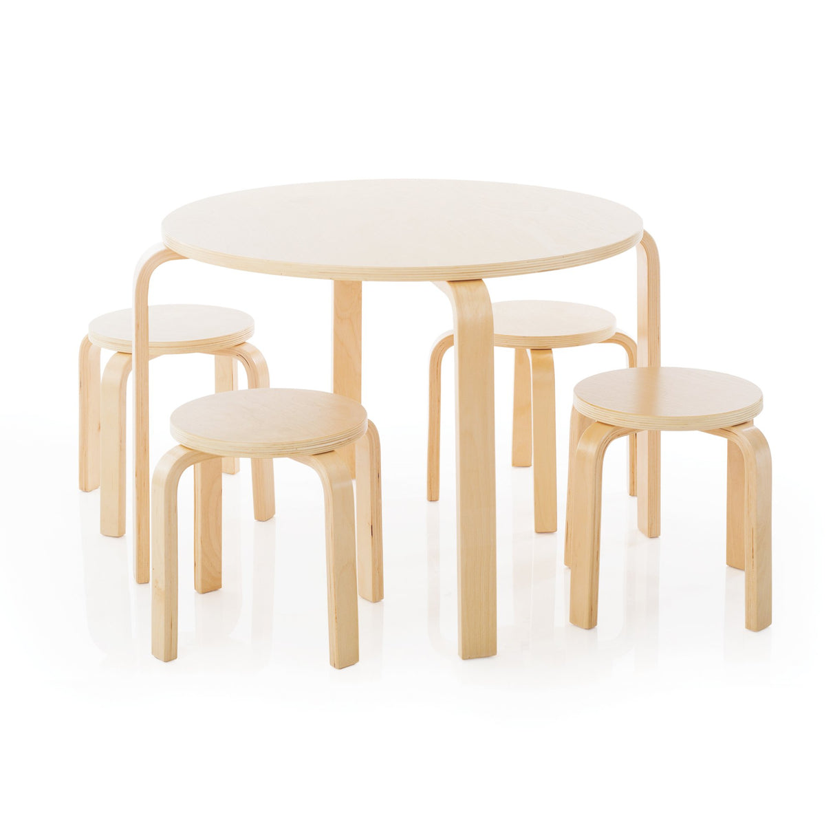 Guidecraft Nordic Table and Chairs Set for Kids: Natural - 4 Stacking Bentwood Stools with Curved Wood Activity Table - Children's Modern Kitchen, Playroom and Classroom Furniture Guidecraft