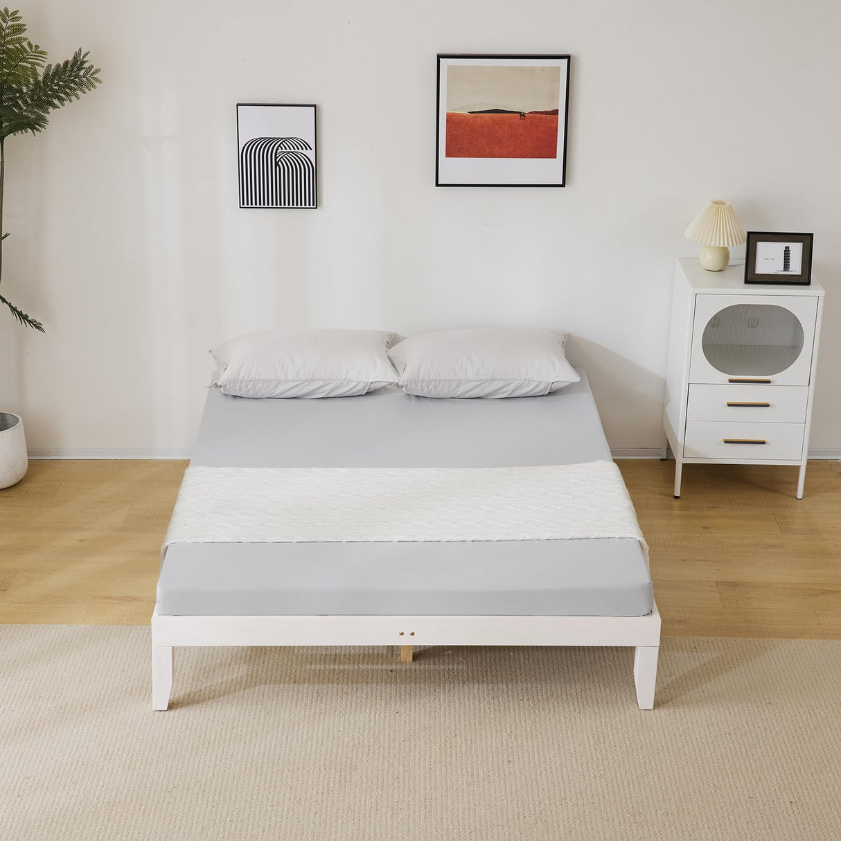 Karl home 12 Inches Wood Platform Bed Frame, Queen Bed Frame, Solid Wood Foundation with Wood Slat Support, Easy Assembly No Box Spring Needed (White) Karl home