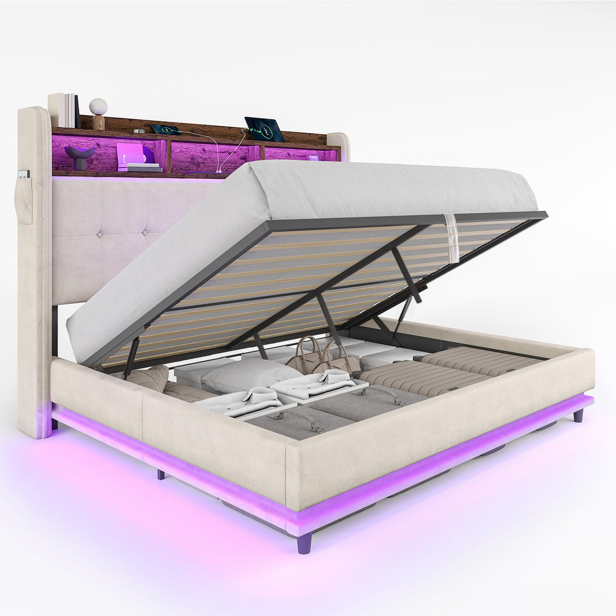 Jocisland Queen Size Bed Frame with Hydraulic Lift Up Storage, 53.1" H Built-in Bookcase & RGB LED Headboard, Velvet Upholstered Wingback Design, No Box Spring Needed, Cream Jocisland