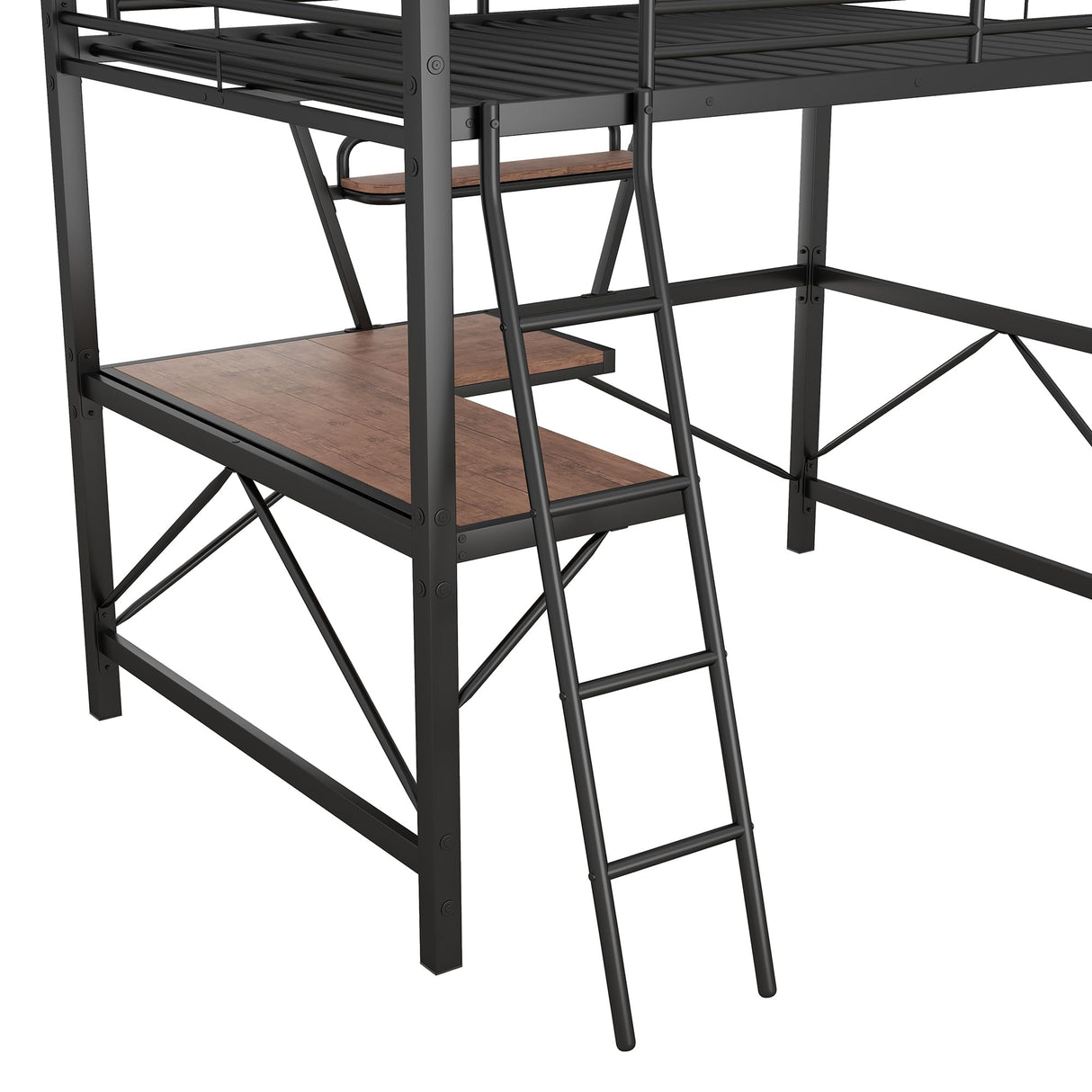 Full Size Loft Bed with Desk and Storage Shelf, Full Size Loft Bed Frame with Guardrail and Ladder, Heavy Duty Loft Beds for Kids, Teens, Black Bellemave