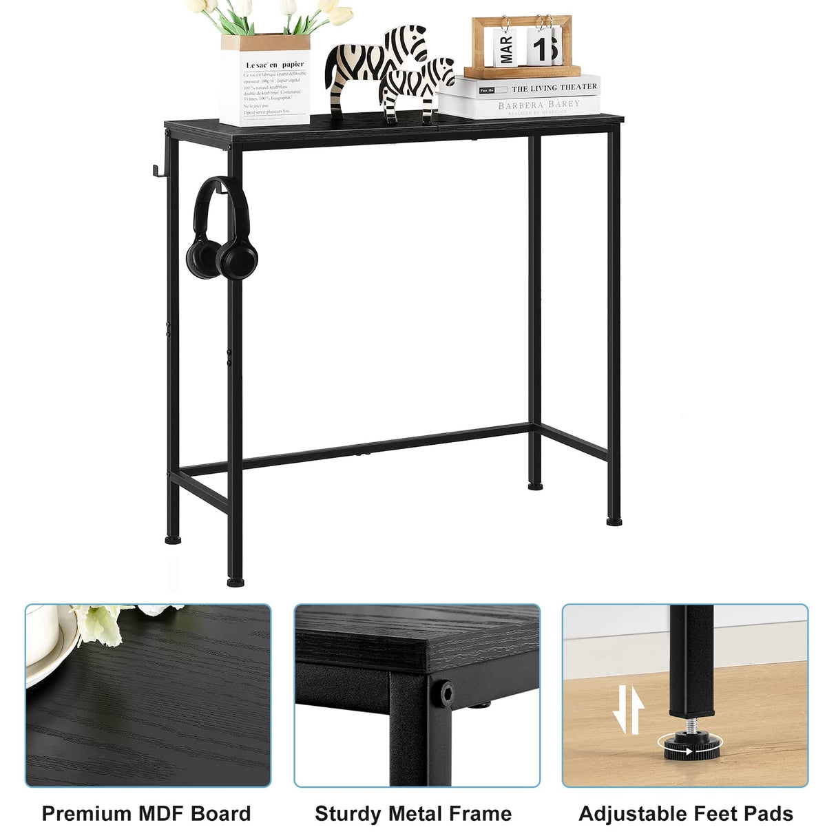 Black Console Table Narrow Modern Entryway Table Small Behind Couch Table Skinny Sofa Table Hallway Table with Hooks for Living Room Foyer Bedroom Corridor Office BTY
