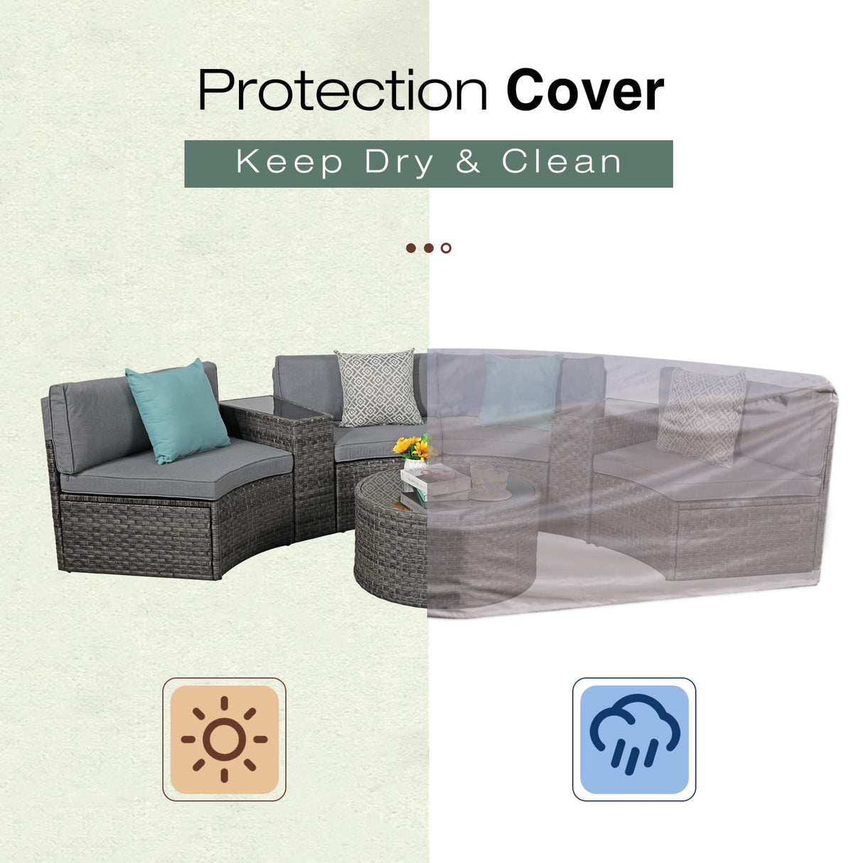 SUNSITT Outdoor Patio Furniture Sectional 7-Piece Half-Moon Curved Outdoor Sofa Set with Round Coffee Table, 4 Pillows & Waterproof Cover, Grey Rattan SUNSITT