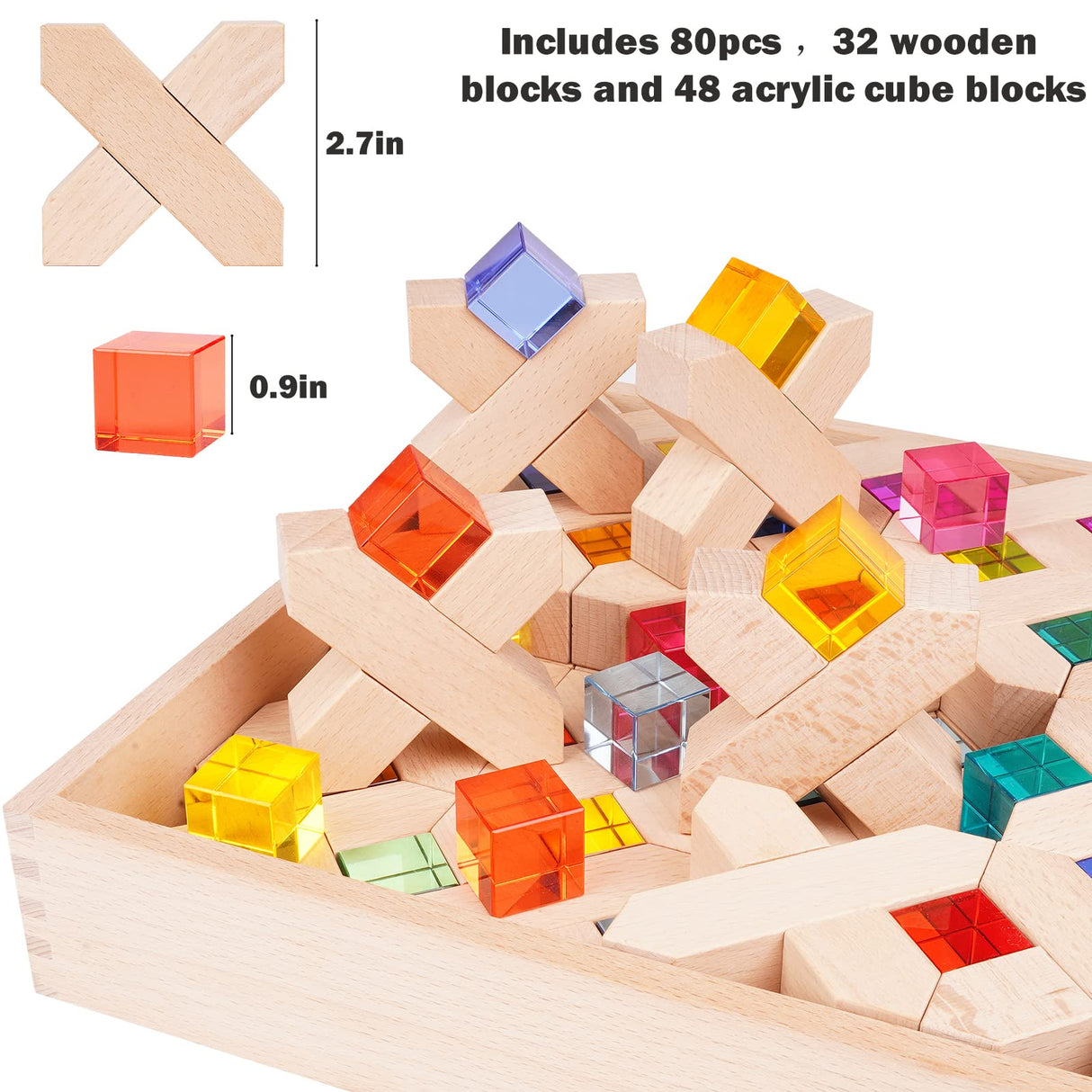 Agirlgle Wooden Rainbow Building Blocks Cube Gem Stacking Blocks Toy - Colorful Montessori Rainbow Stacker Toy Elegant Wood Rainbow Cube Blocks- Acrylic Blocks Educational Toys for Toddlers- 80Pcs Agirlgle