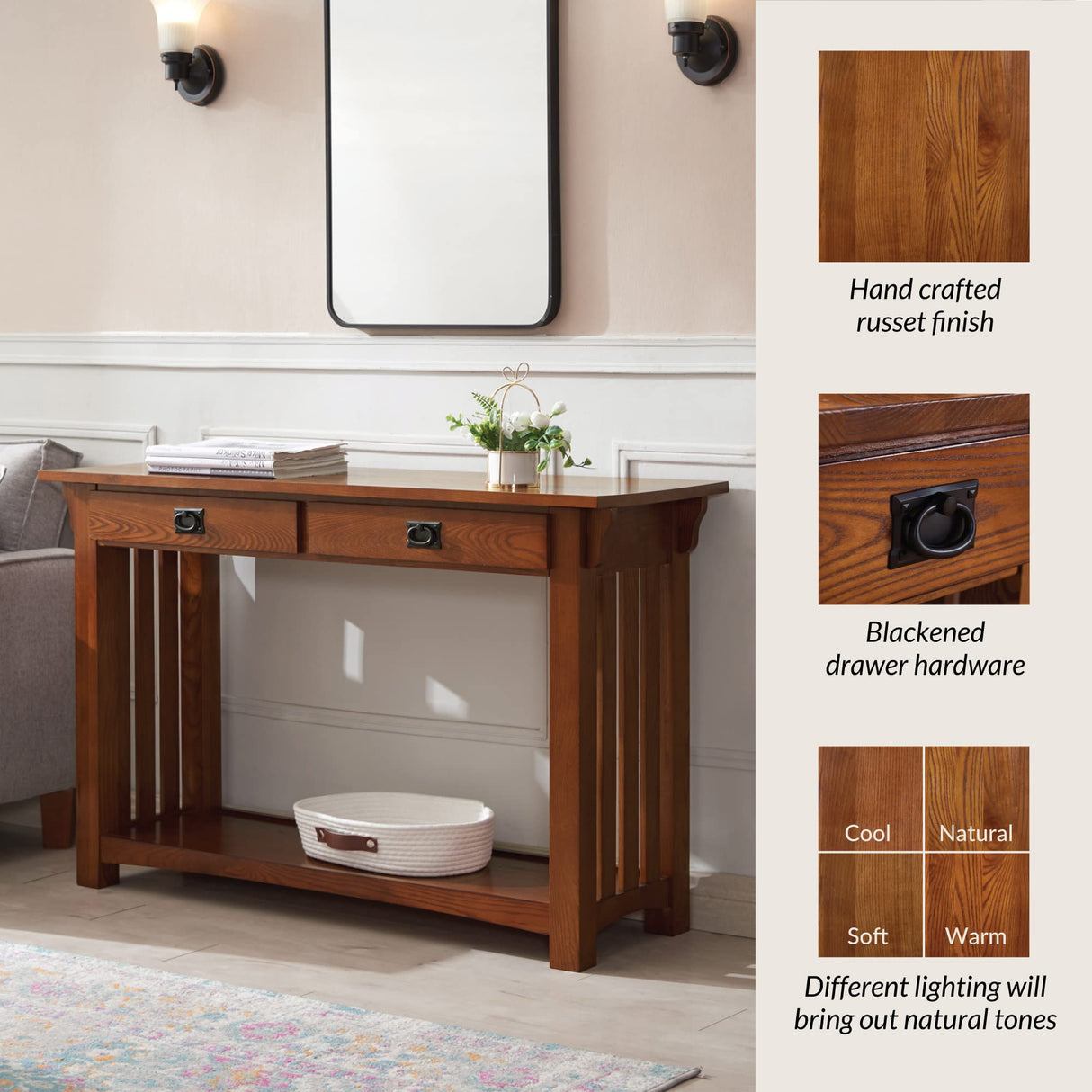 Leick Home 8233 Mission Console Table for Entryway, Wood Sofa Table, Made with Solid Wood, for Living Room, Hallway, Office, Bedroom, Medium Oak Finish Leick Home