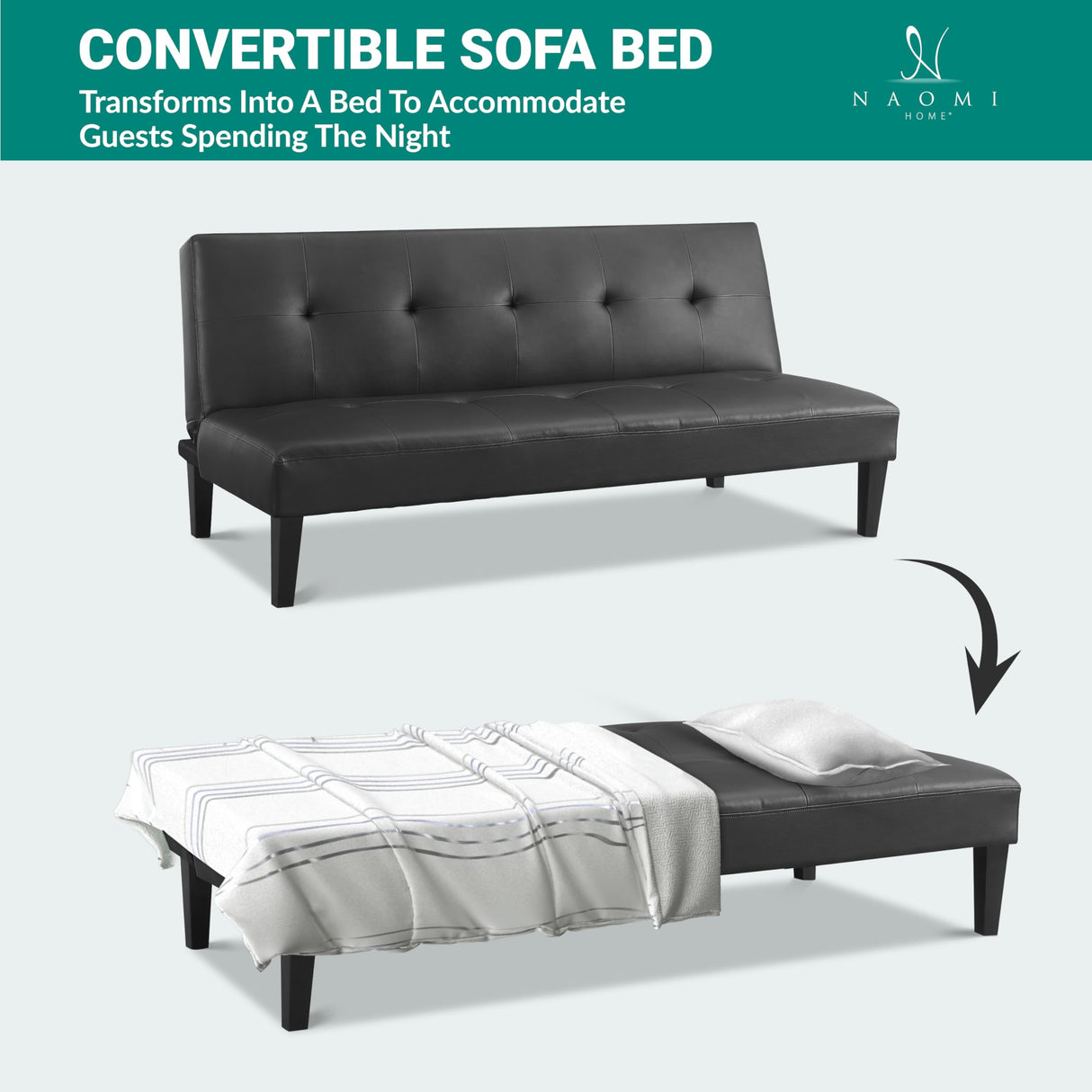 Naomi Home Black Futon Sofa Bed, Faux Leather Futon Couch, Black Sofa Bed Couch Convertible with Wooden Legs, Folding, Reclining Small Couch Bed, Button Tufted Futon Bed for Living Room Naomi Home