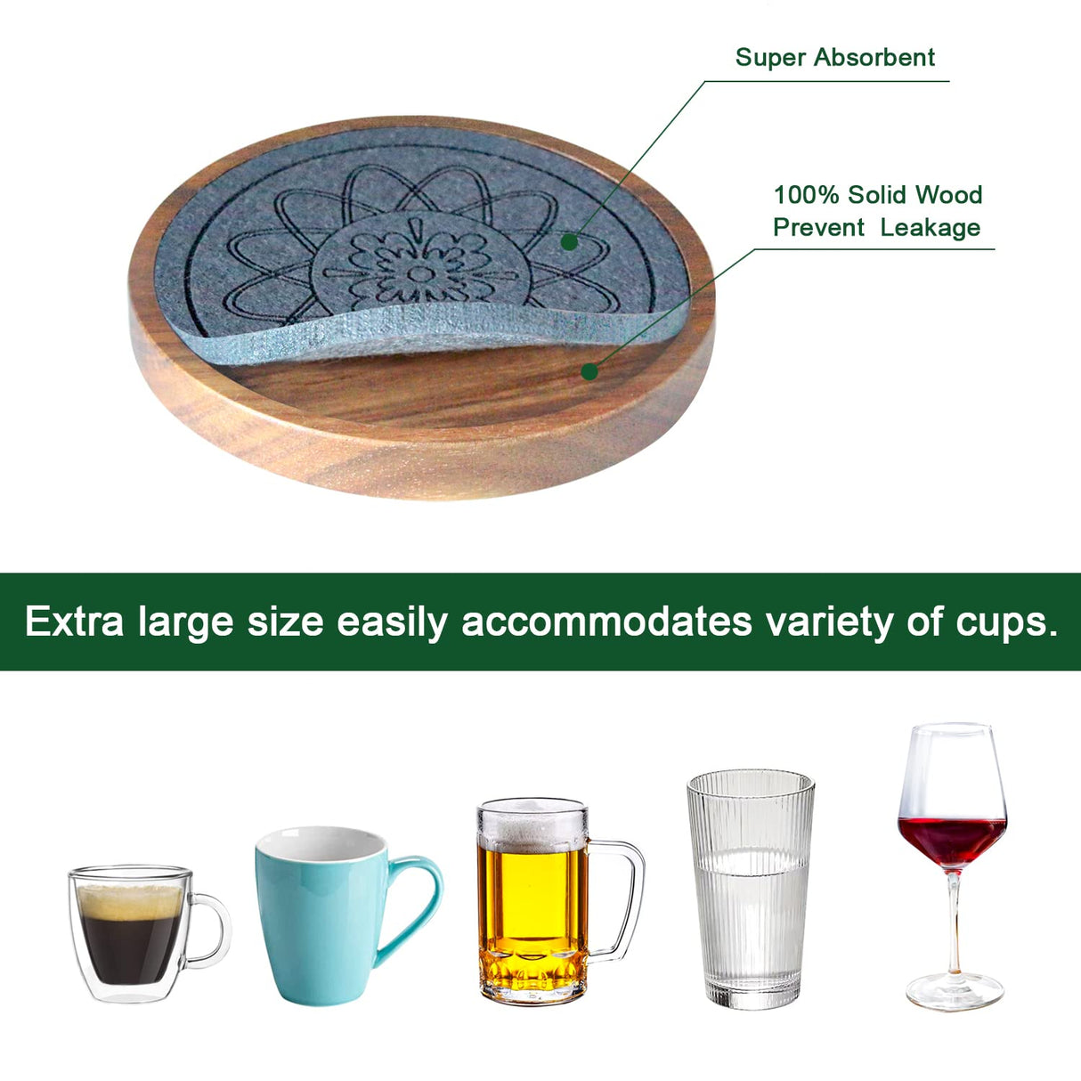 EDEGG Wood Coasters for Drinks, Absorbent Coaster Sets of 5, Drinks Coasters for Coffee Tabletop Protection, Non-Slip, Non-Stick, Suitable for Kinds of Cups Wooden Table Hot or Cold Drink, 4.3 Inches EDEGG