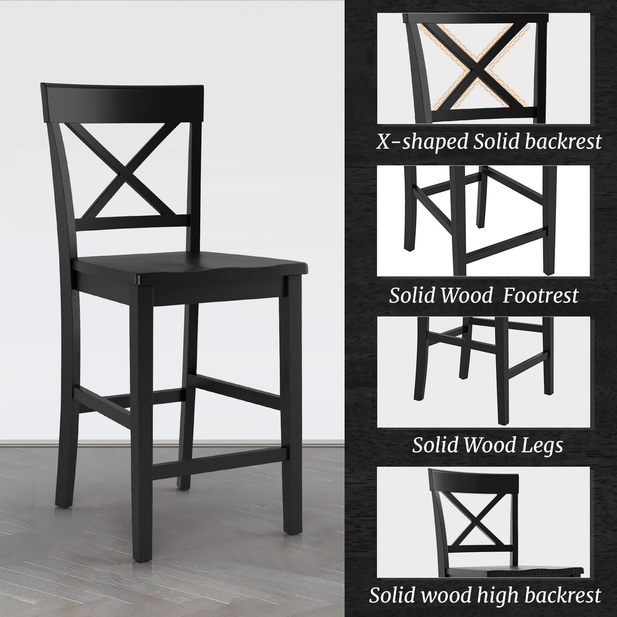 Cozyman Counter Height Bar Stools Set of 4, 24" H Wooden Counter Stools with Back and Footrest, X-Back Farmhouse Barstools for Kitchen Island, Home Bar, Black Cozyman