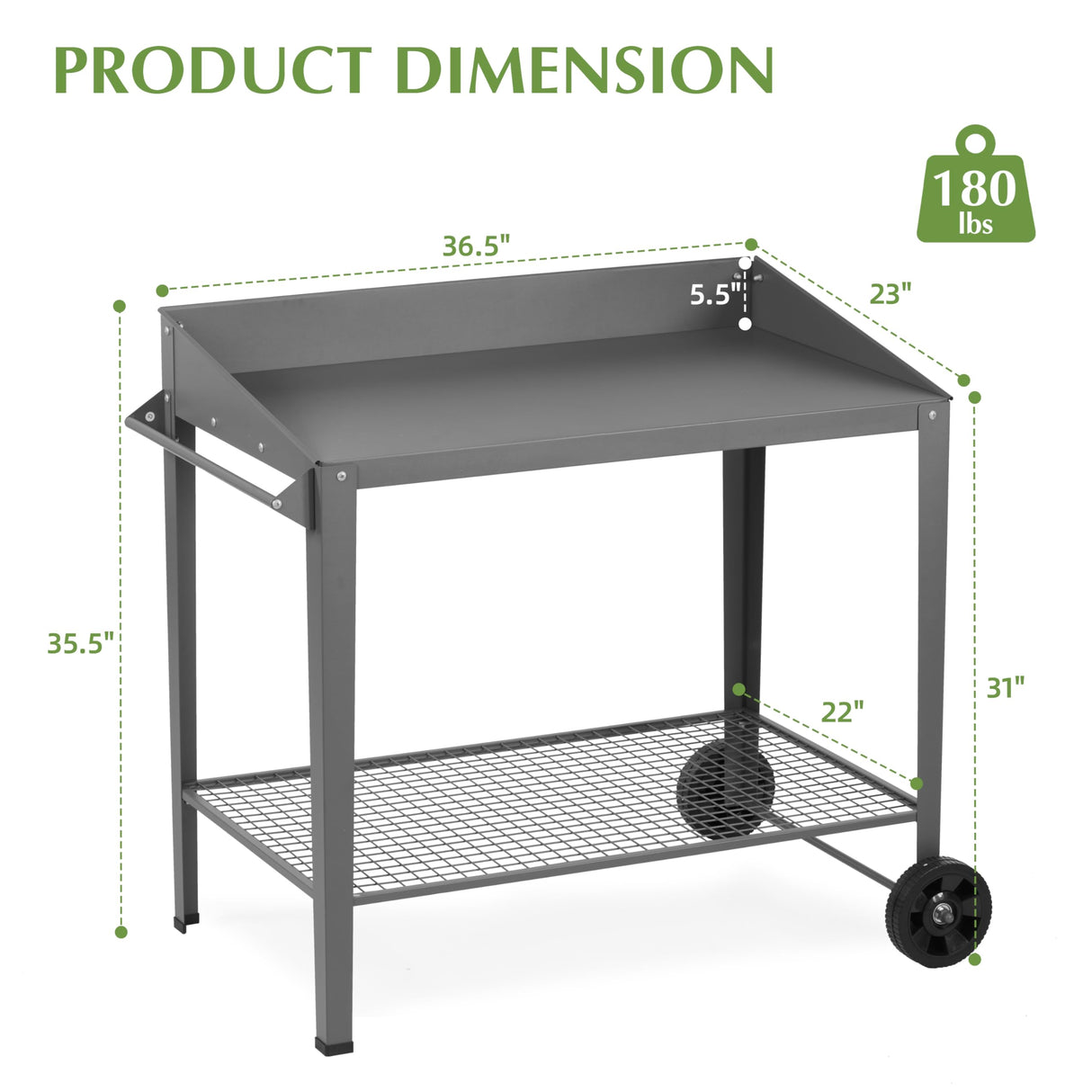 Outdoor Metal Potting Bench with Wheels, Heavy Duty Garden Workbench Table with Storage Shelf (Dark Gray, 36"x38.8") DDK