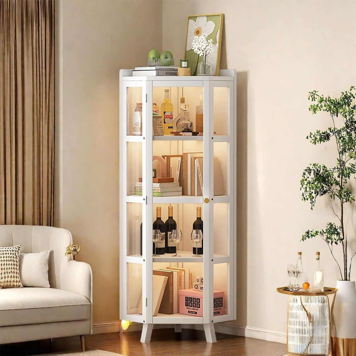 HXUQCZIG Tall Corner Curio Cabinet with Glass Doors, 5-Tier Shelves with Top Guard Rail for Living Room, Bathroom, Kitchen, Home Office White Corner Display Cabinet HXUQCZIG