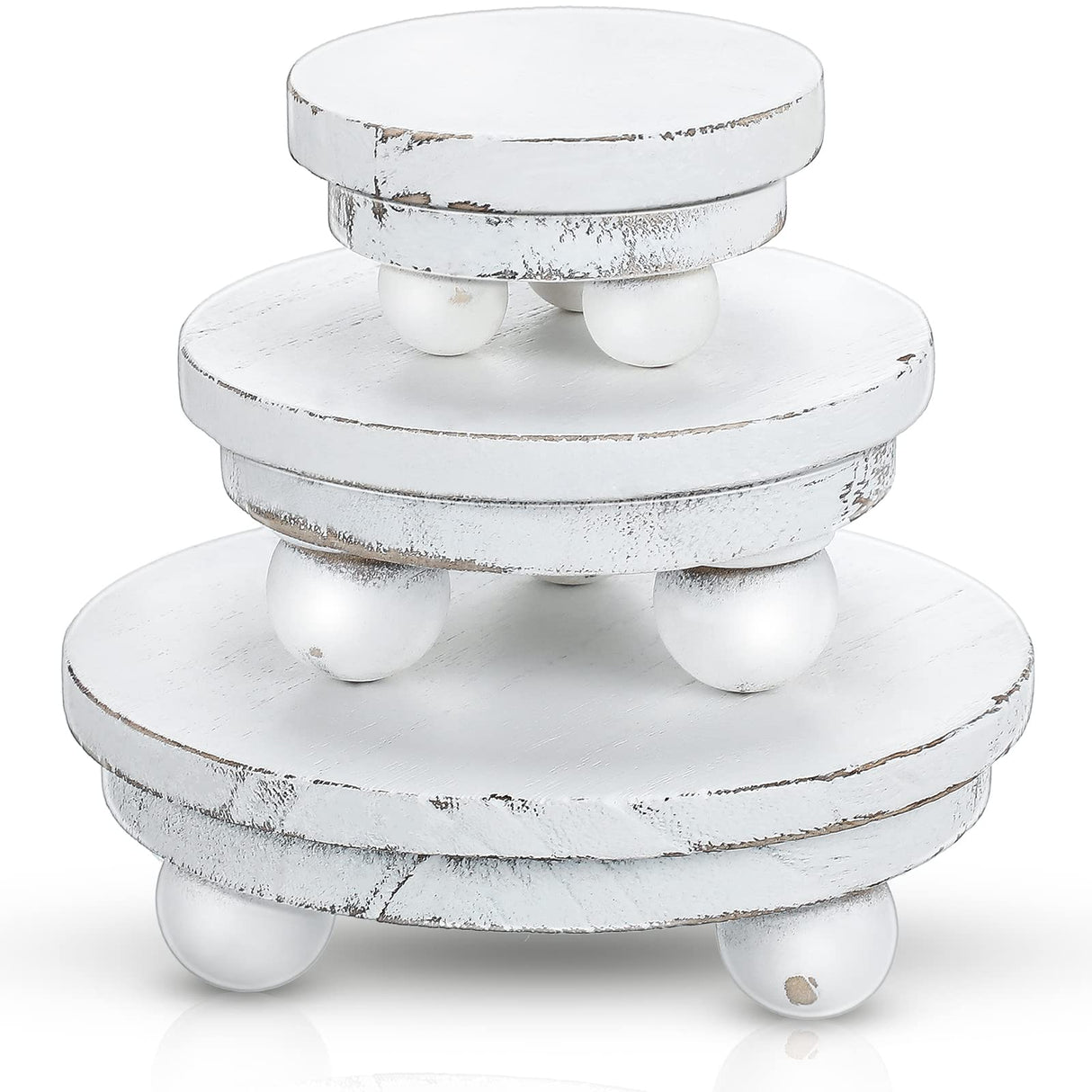 Pedestal Mini Round Riser Stand , Wood, Rustic Farmhouse for Home Kitchen Tiered Tray Decor , 3 Pieces (Washed White, 5/4/3 Inch) Amyhill