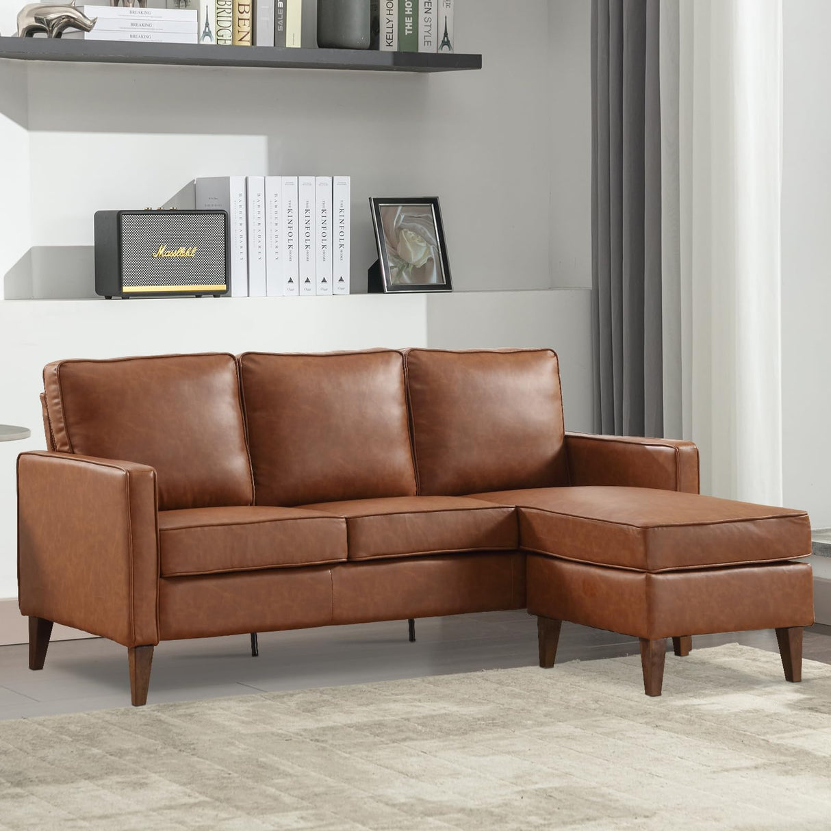 EBELLO Sectional Sofa Couch, L Shaped Couch Faux Leather Sofa with Reversible Chaise, Lounge Sofa for Living Room Apartment Small Space, Dark Brown EBELLO