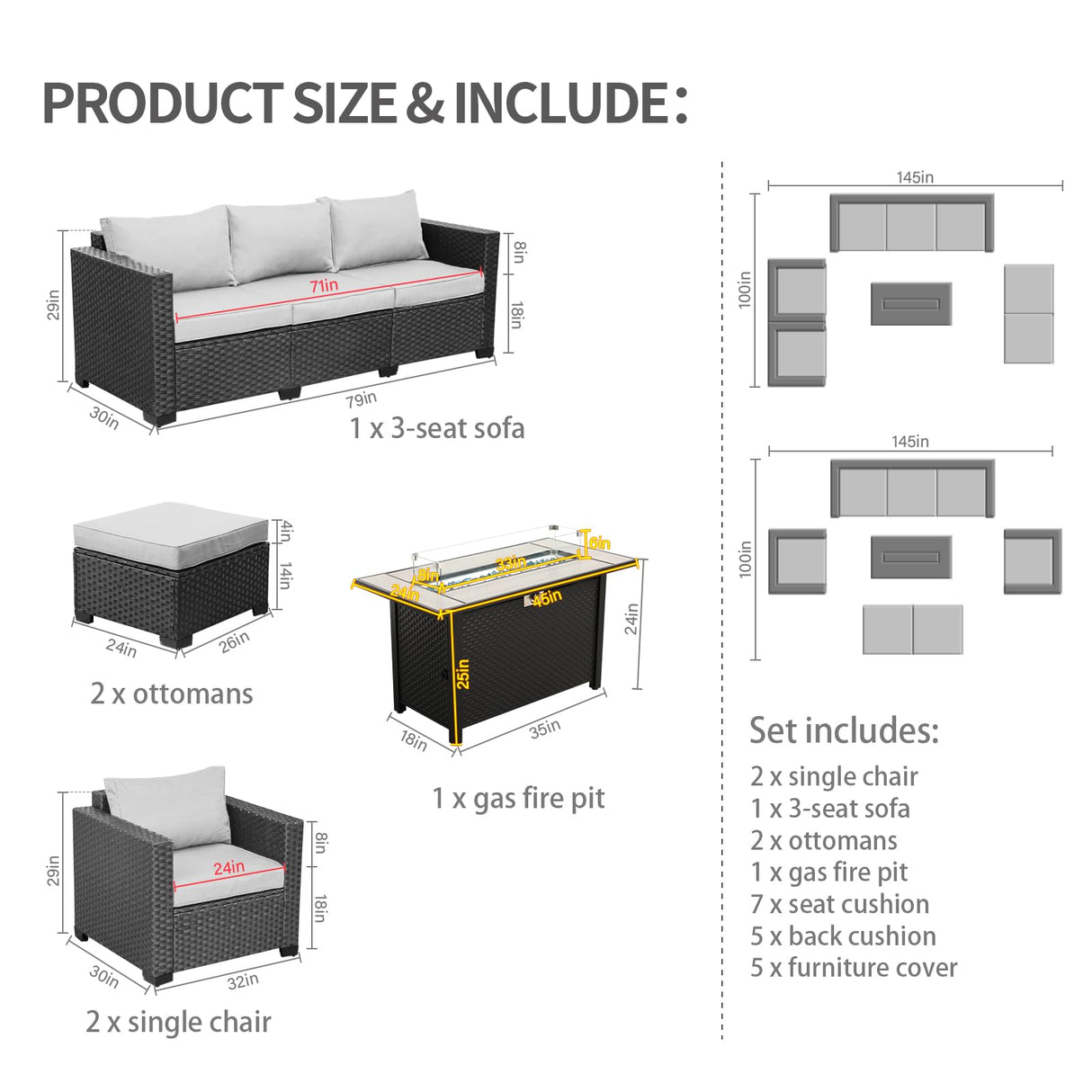 Patio Furniture Set 45 In Outdoor Fire Pits 6 Pieces Outdoor Patio Furniture 60000 BTU Outdoor Propane Fire Pit Table Patio Sofa Outdoor Chairs Anti-slip Cushions Waterproof Covers, Light Grey Rattaner